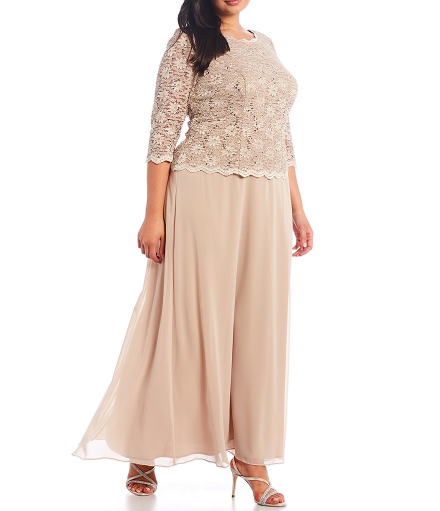 Alex Evenings Plus Size Boat Neck 3/4 Sleeve Sequin Lace Scalloped Hem Bodice Chiffon Skirted Dress