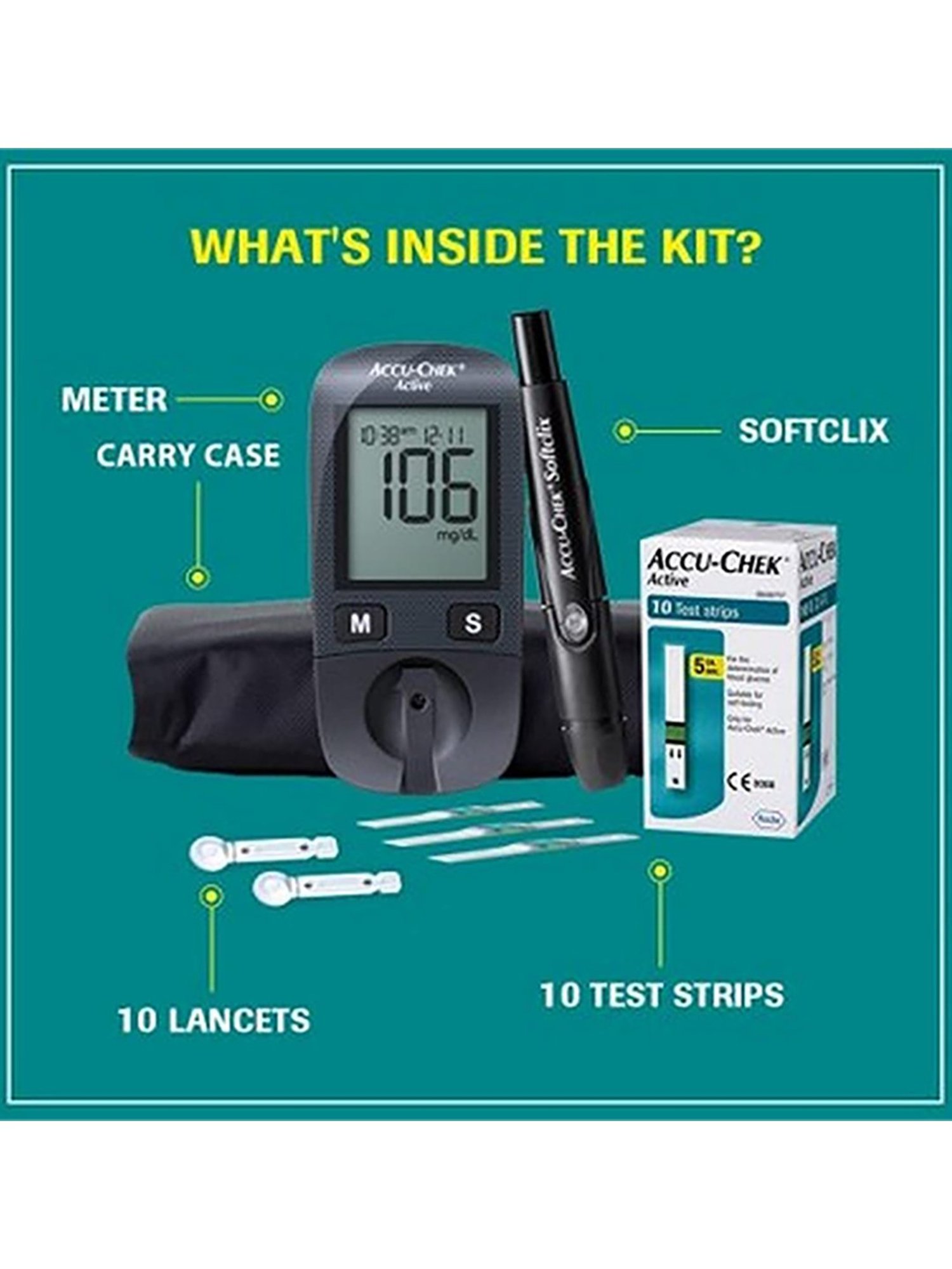 Accu Chek Active Blood Glucose Meter Kit with 10 Strips (Black)