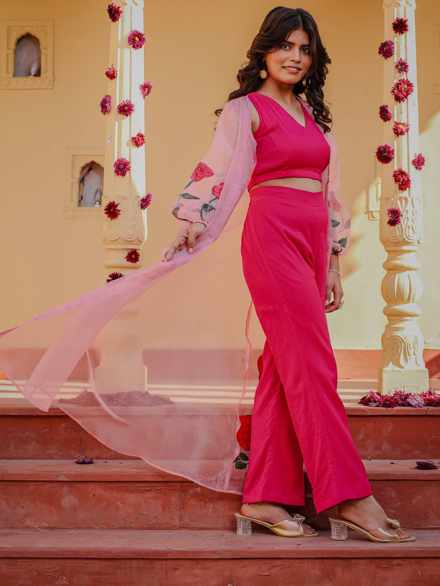 Thread and Button Organza Mishika Pink Rose Handpainted 3 Piece