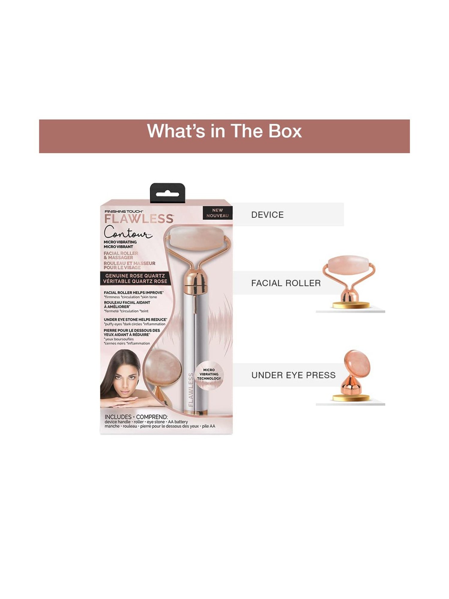 Flawless Finishing Touch Contour Micro Vibrating Facial Rose Quartz Roller & Massager