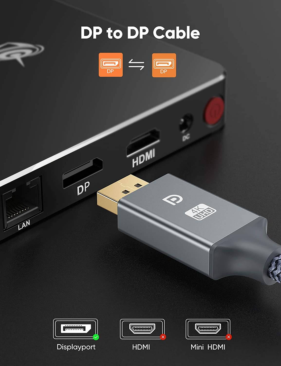 DisplayPort to DisplayPort Cable 6.6ft Nylon Braided -(4K@60Hz, 2K@165Hz) for Laptop PC TV and More