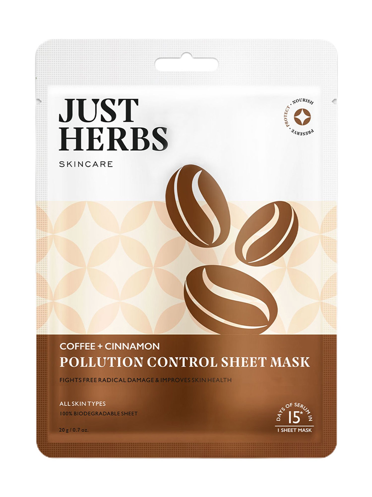 JUST HERBS Coffee + Cinnamon Pollution Control Sheet Mask
