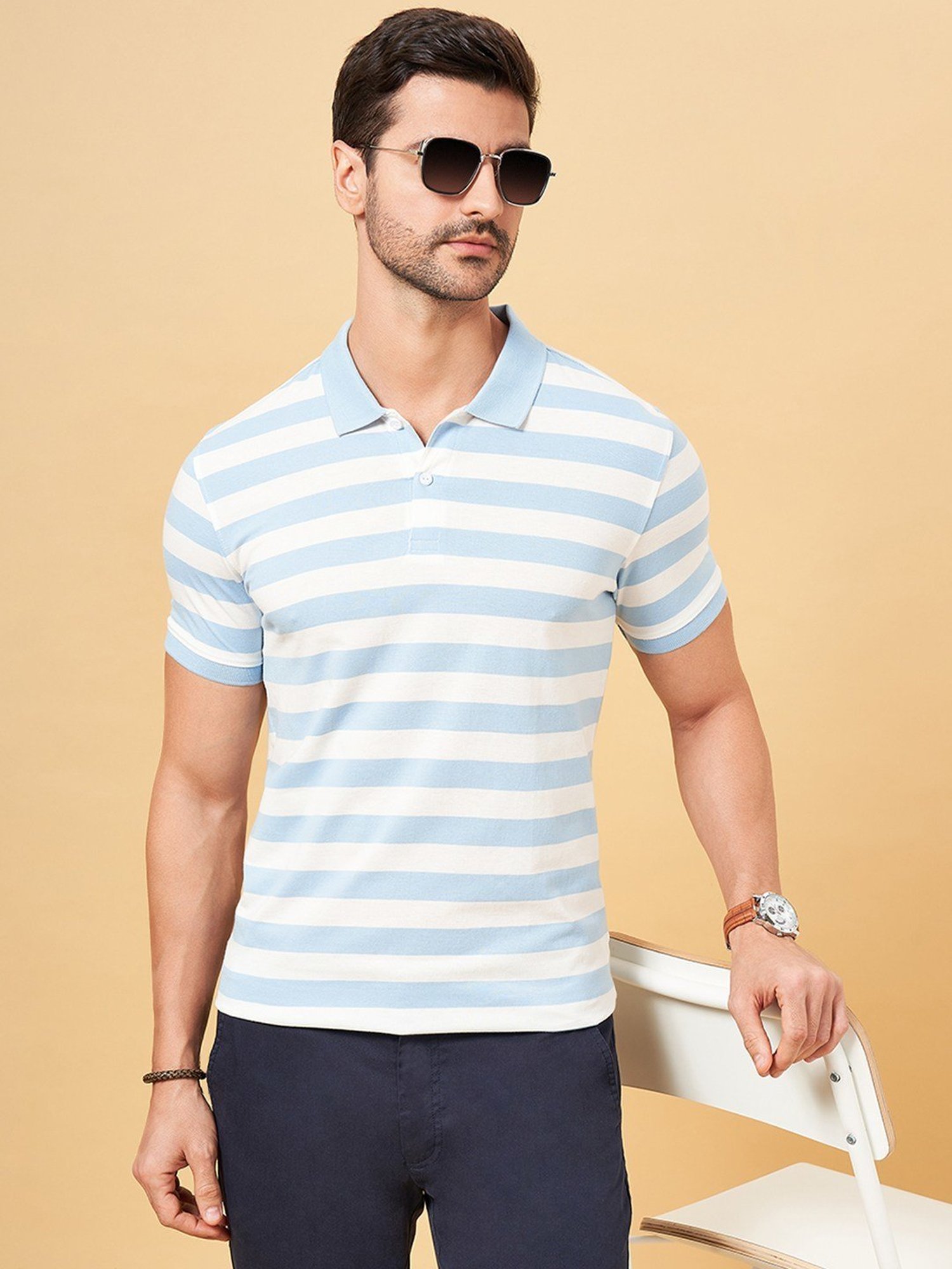 Byford by Pantaloons Blue Slim Fit Striped Polo T-Shirt