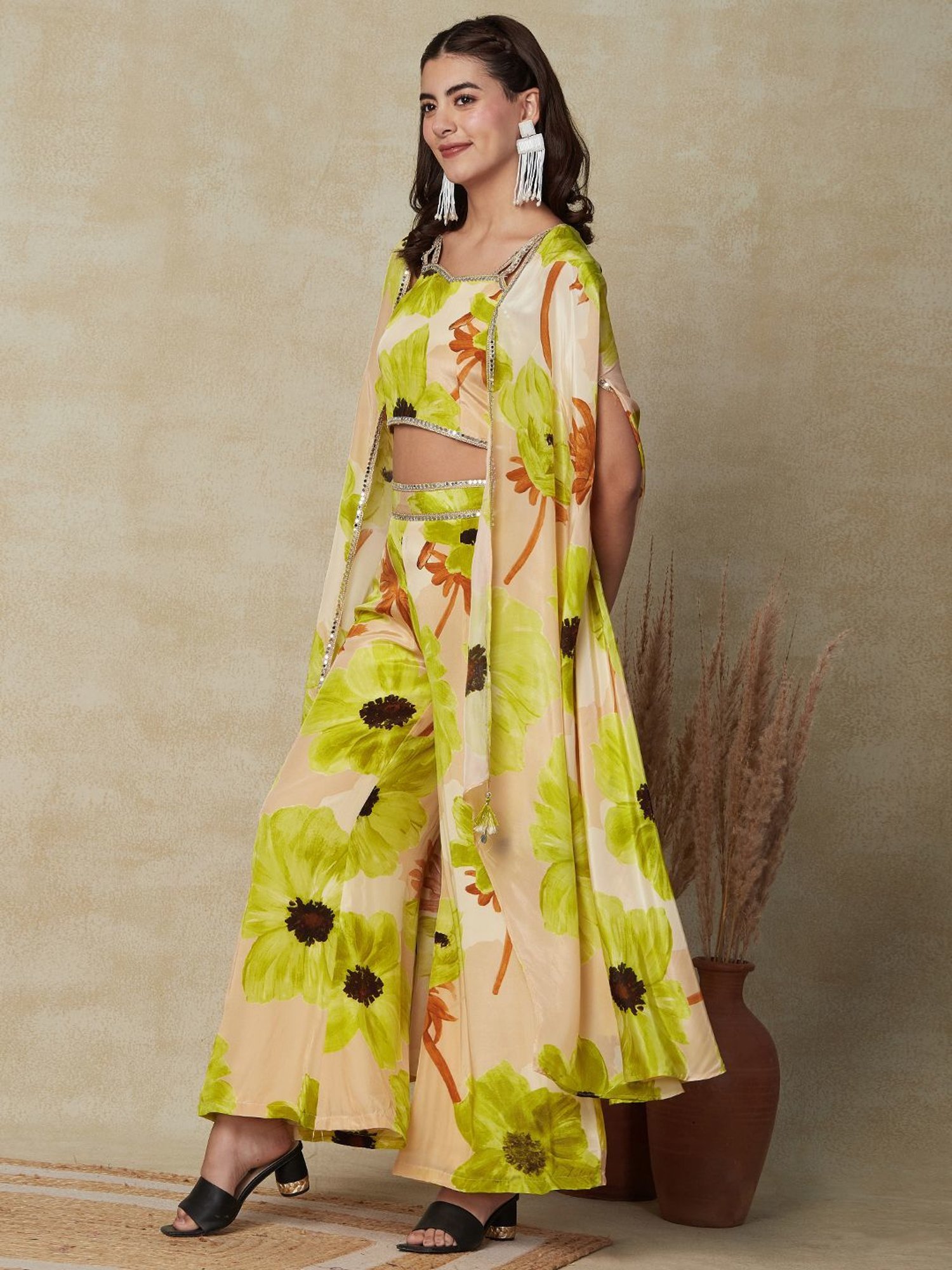 Fashor Beige Floral Print Crop Top Palazzo Set With Jacket