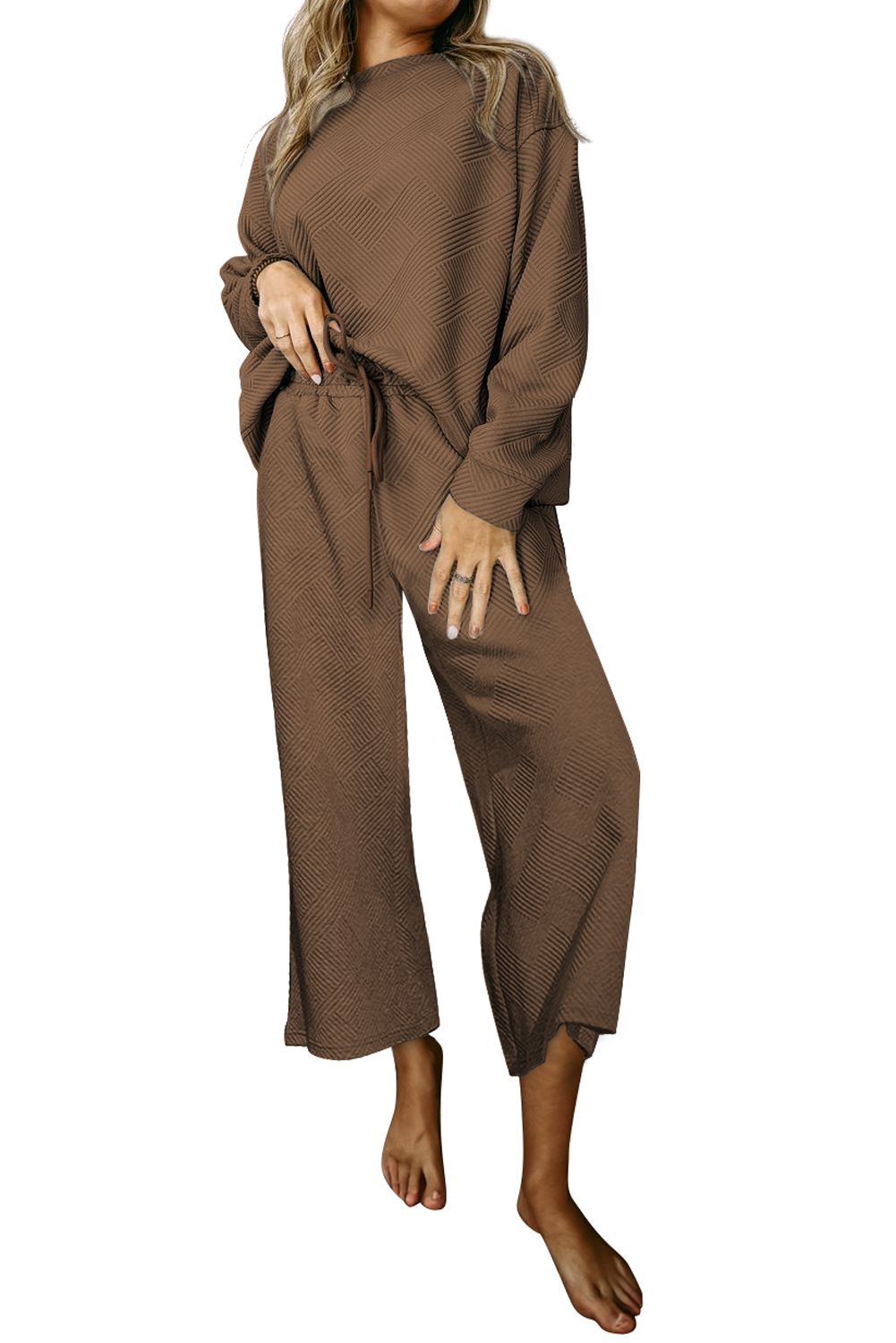 Dark Brown Textured Loose Slouchy Long Sleeve Top and Pants Set
