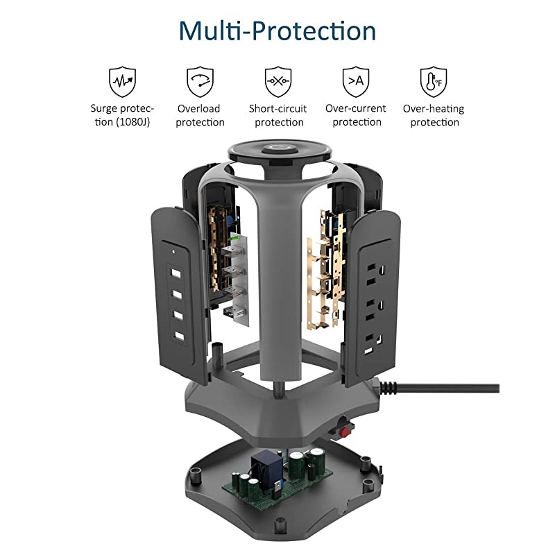 Surge Protector Power Strip Tower 10ft Extension Cord 4 USB Port 9 Outlet Desktop Charging Station 1080J Adjustable Voltage 110240V Multiple Plug Fire Proof or PC Laptop Phone Office