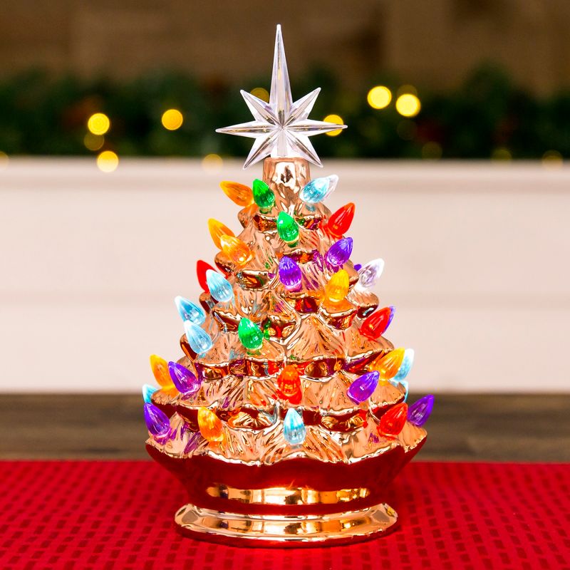 Best Choice Products 9.5in Pre-Lit Hand-Painted Ceramic Tabletop Christmas Tree w/ Lights, 3 Star Toppers - Rose Gold