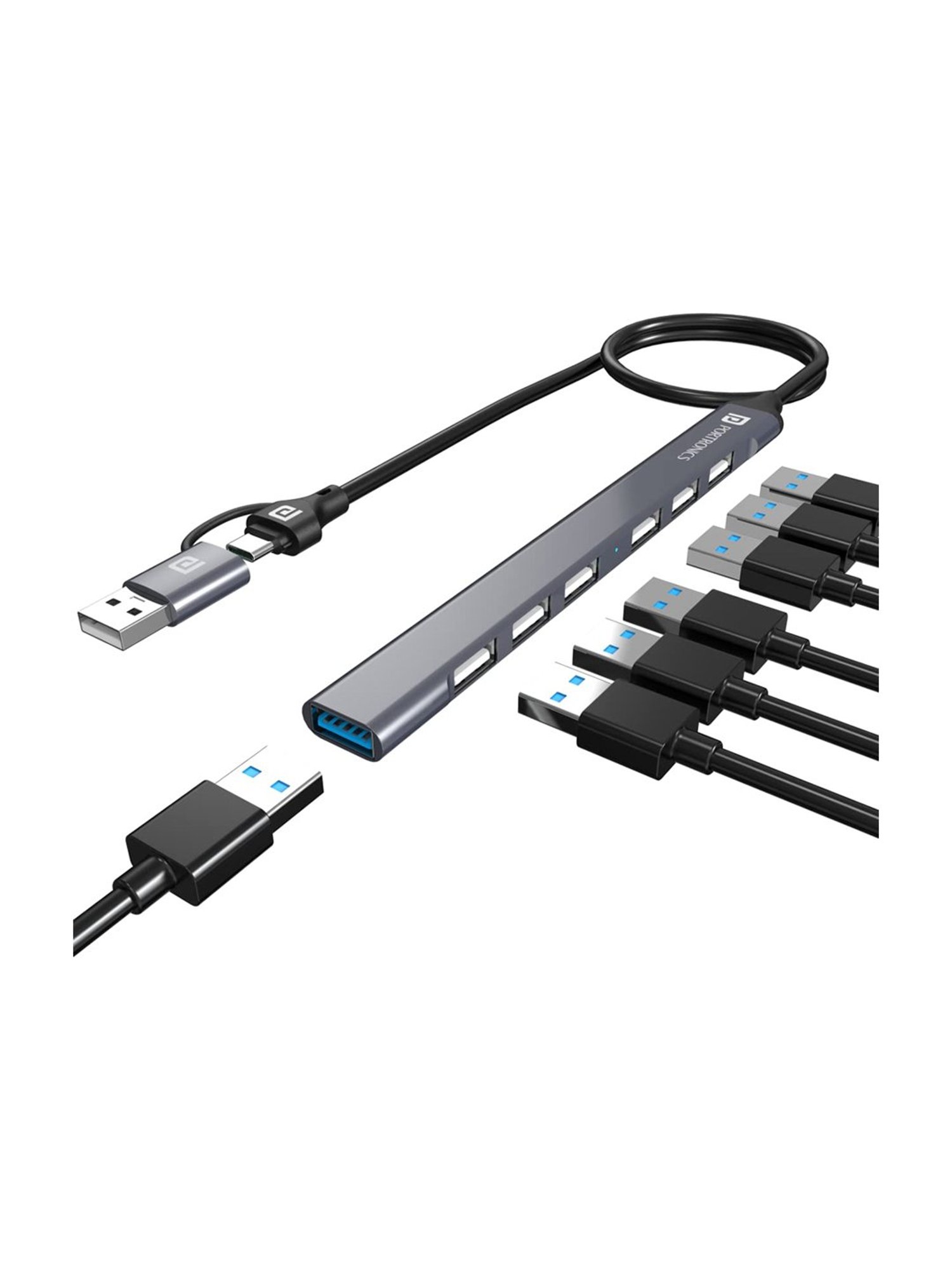 Portronics POR-1792 Mport 7 Multiport 7-in-1 USB Hub with Convertible Heads (Grey)
