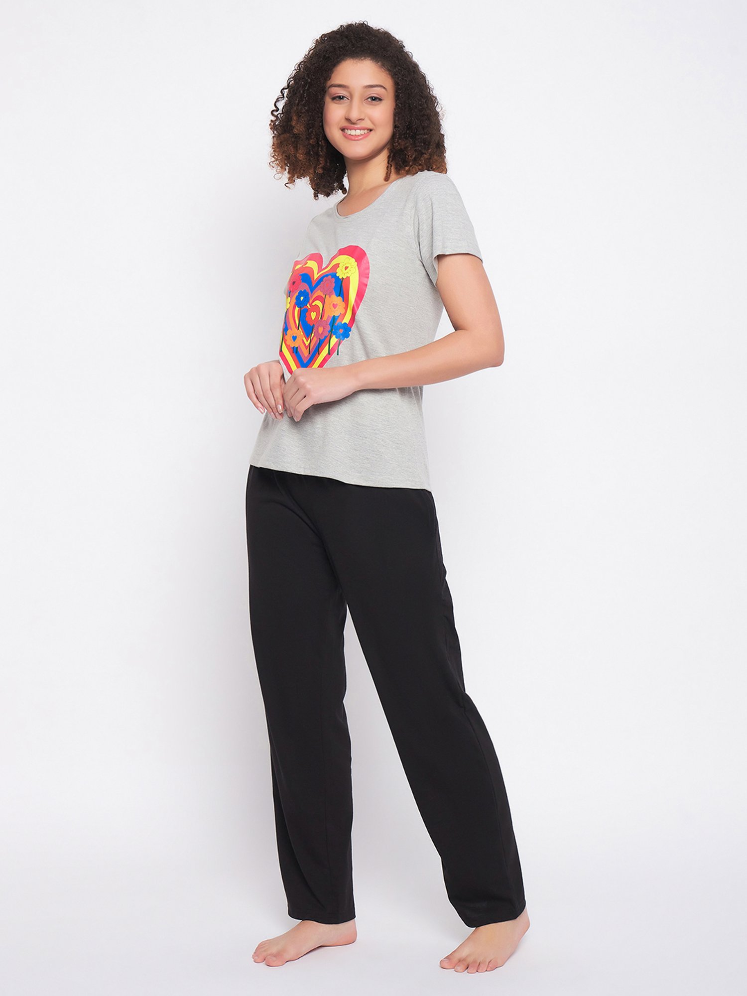Clovia Grey & Black Cotton Printed T-Shirt With Pyjamas