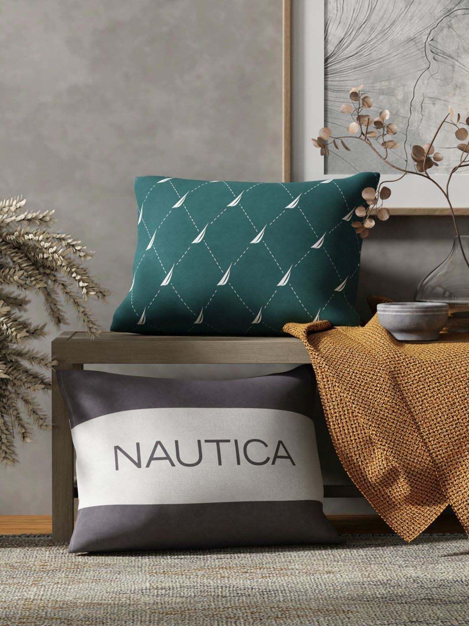 Nautica Logo Stripe Forest Green & Grey Microfibre 300 GSM Premium Cushion Covers - Set of 2