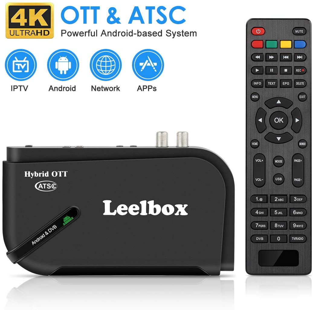 Leelbox Android TV box, 1080P ATSC converter box, recording PVR, USB multimedia playback, web browsing, support for 2.4G WiFi/3D/H.265 video decoding (gold version), black, LBX OTT-ATSC Q5 US