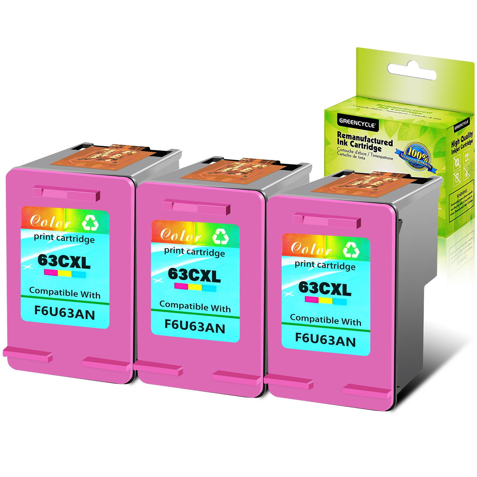 GREENCYCLE 3PK High Capacity 63XL 63 XL F6U63A Color Ink Cartridge Compatible for HP Deskjet 1112 2130 Printer,with Chip