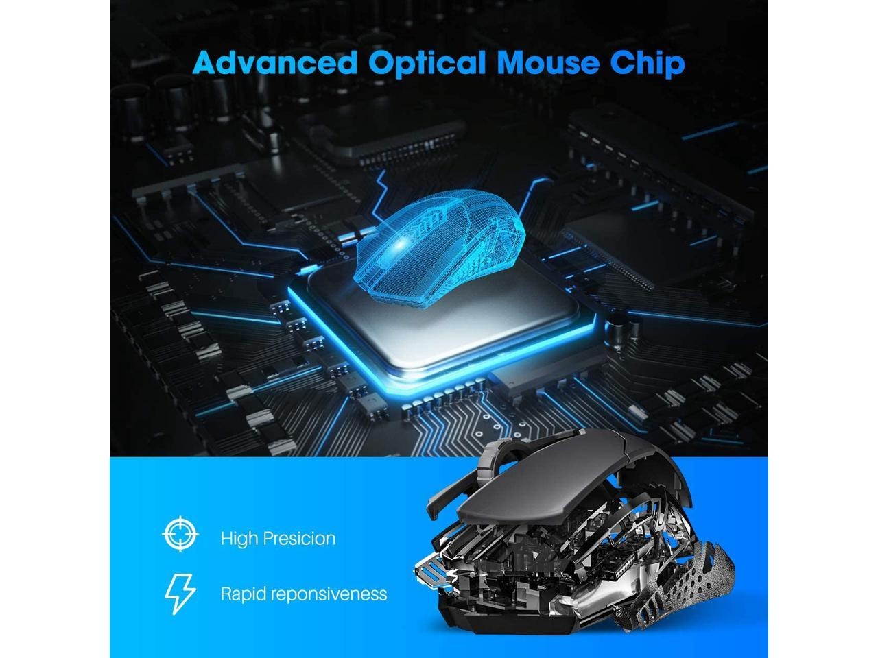 Wireless Gaming Mouse with Unique Silent Click, Breathing Backlit, 2 Programmable Side Buttons, 2400 DPI, Ergonomic Grips, 7-Button Design - Black