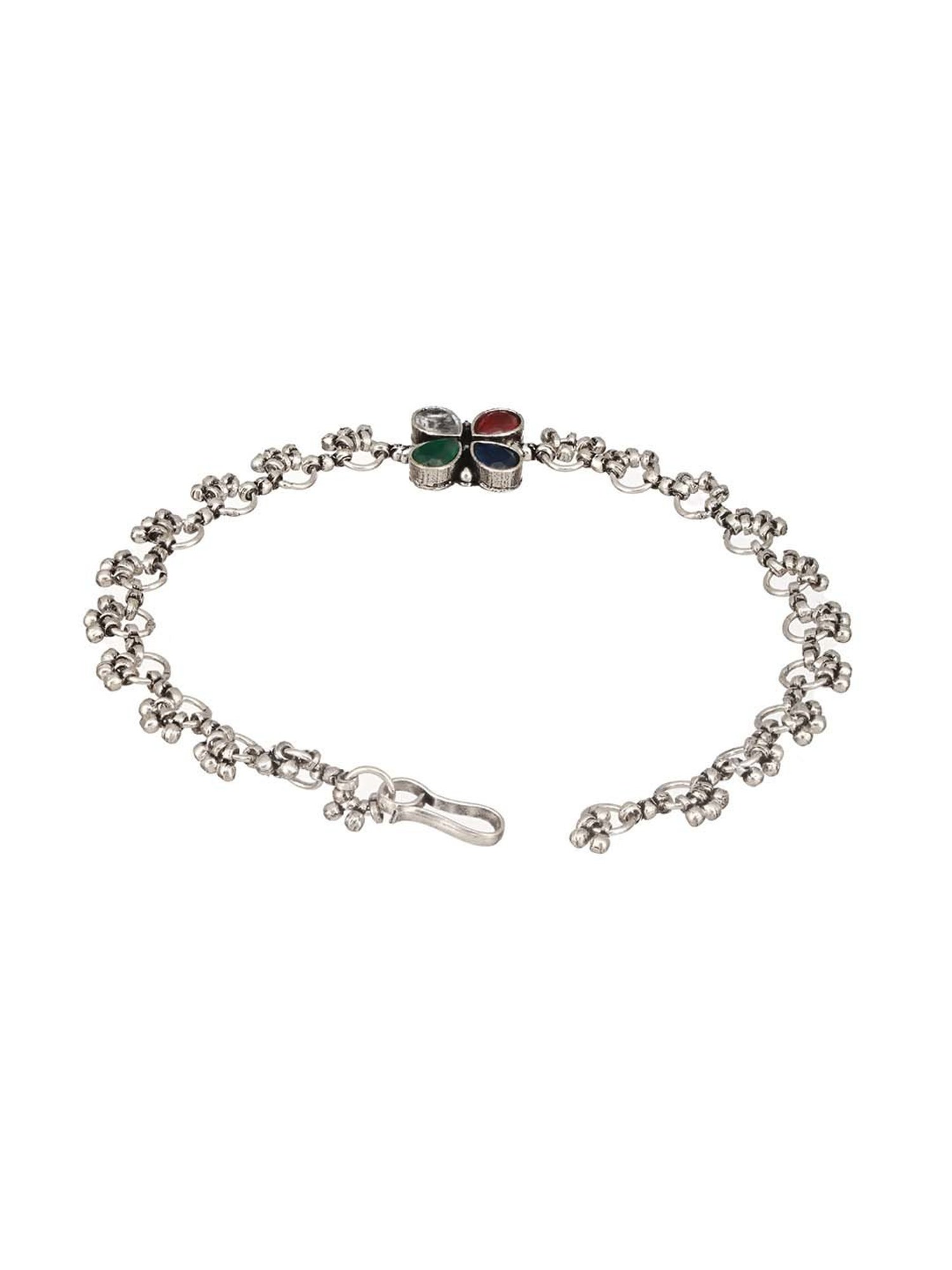 Saraf RS Jewellery Silver-Plated Multicoloured Stone Studded Floral Payal Anklets - Set of 2