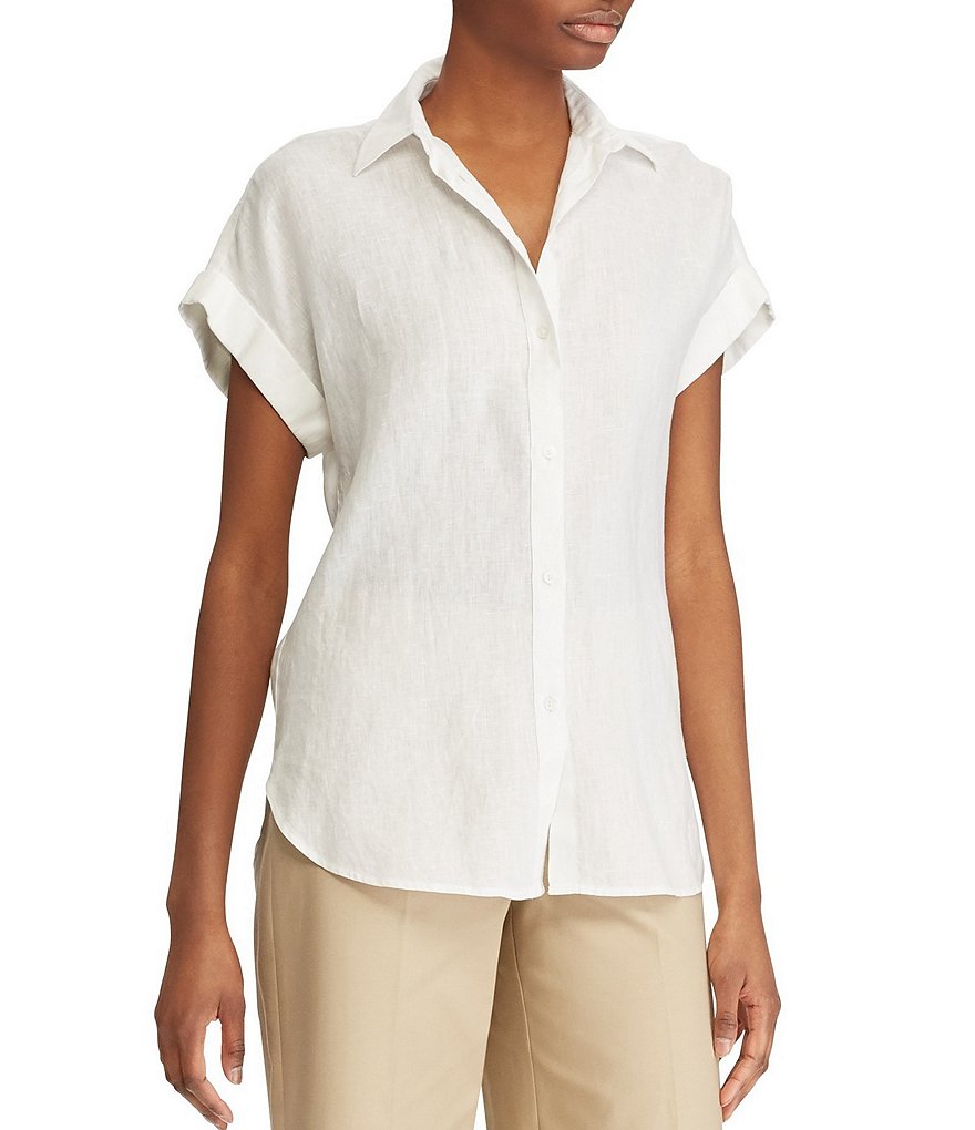 Lauren Ralph Lauren Linen Point Collar Neck Dolman Short Cap Sleeve Shirt