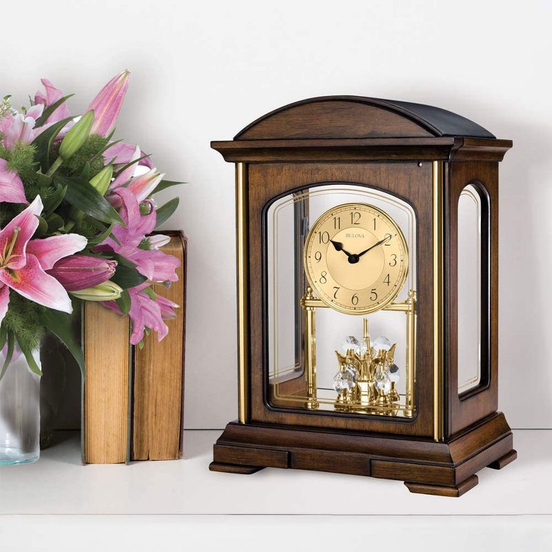 Bulova B1846 Wesport Strike & Chime Hardwood Clock w/ Pendulum and Triple Melody for Mantel Fireplace Desk Table Shelf Living Room Decor, Brown Cherry