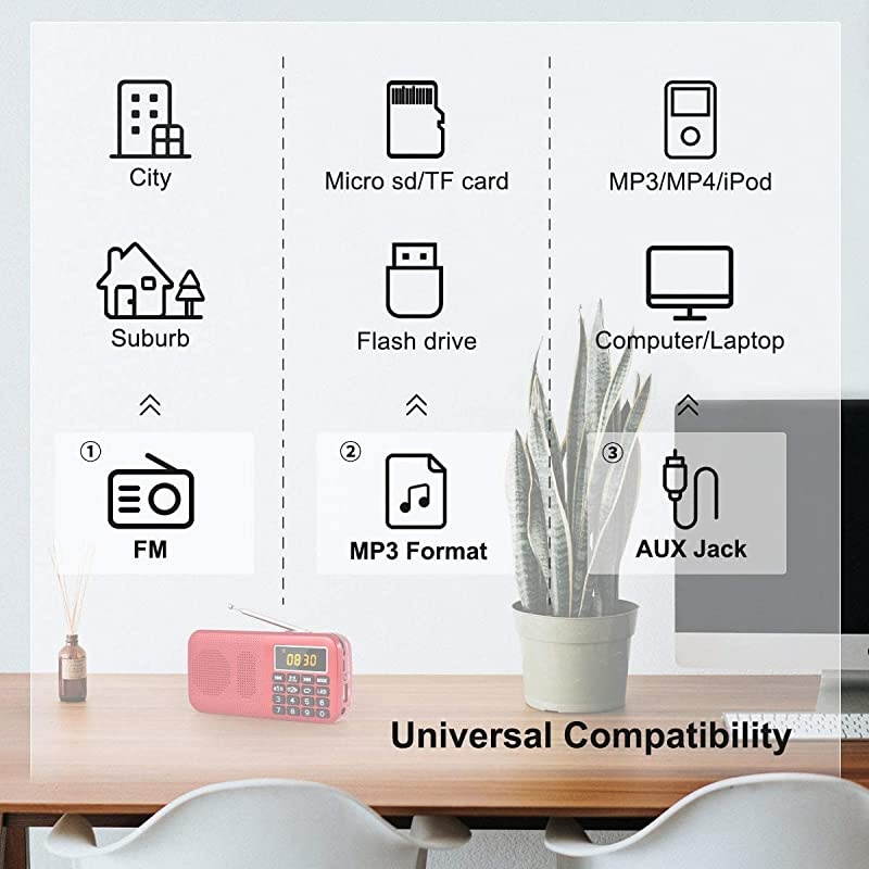 J725C Portable Mini FM Radio Speaker Music Player USB Drive TF Card with LED Display Alarm Clock 3000 Rechargeable Battery NO AMRed