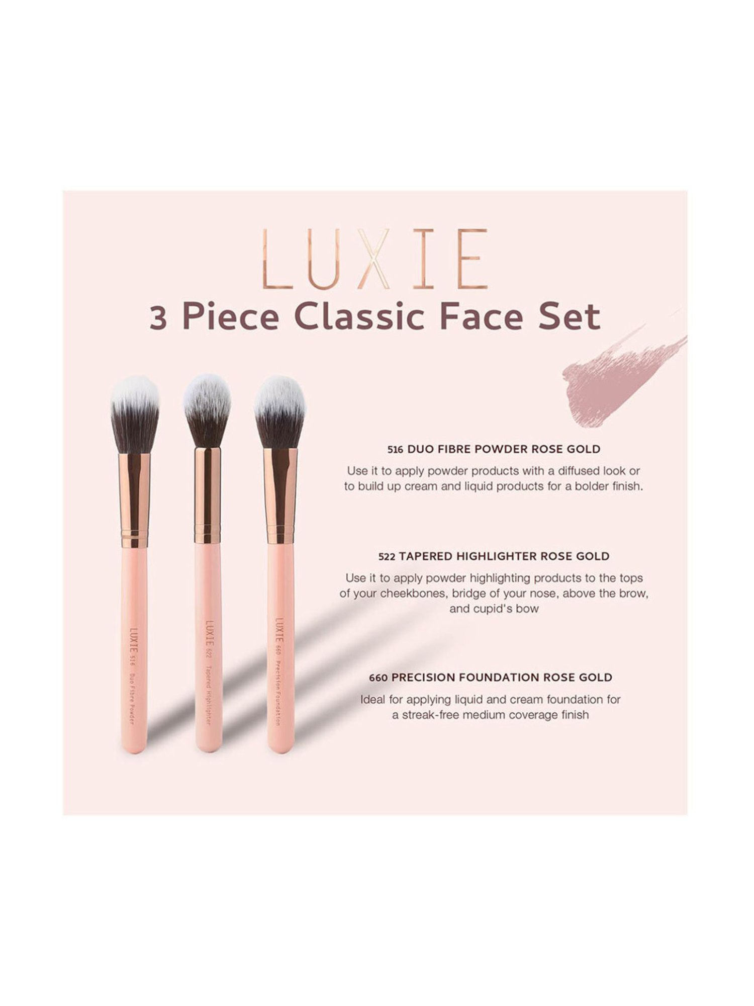 Luxie Rose Gold 3 Piece Classic Face Brush Gift Set