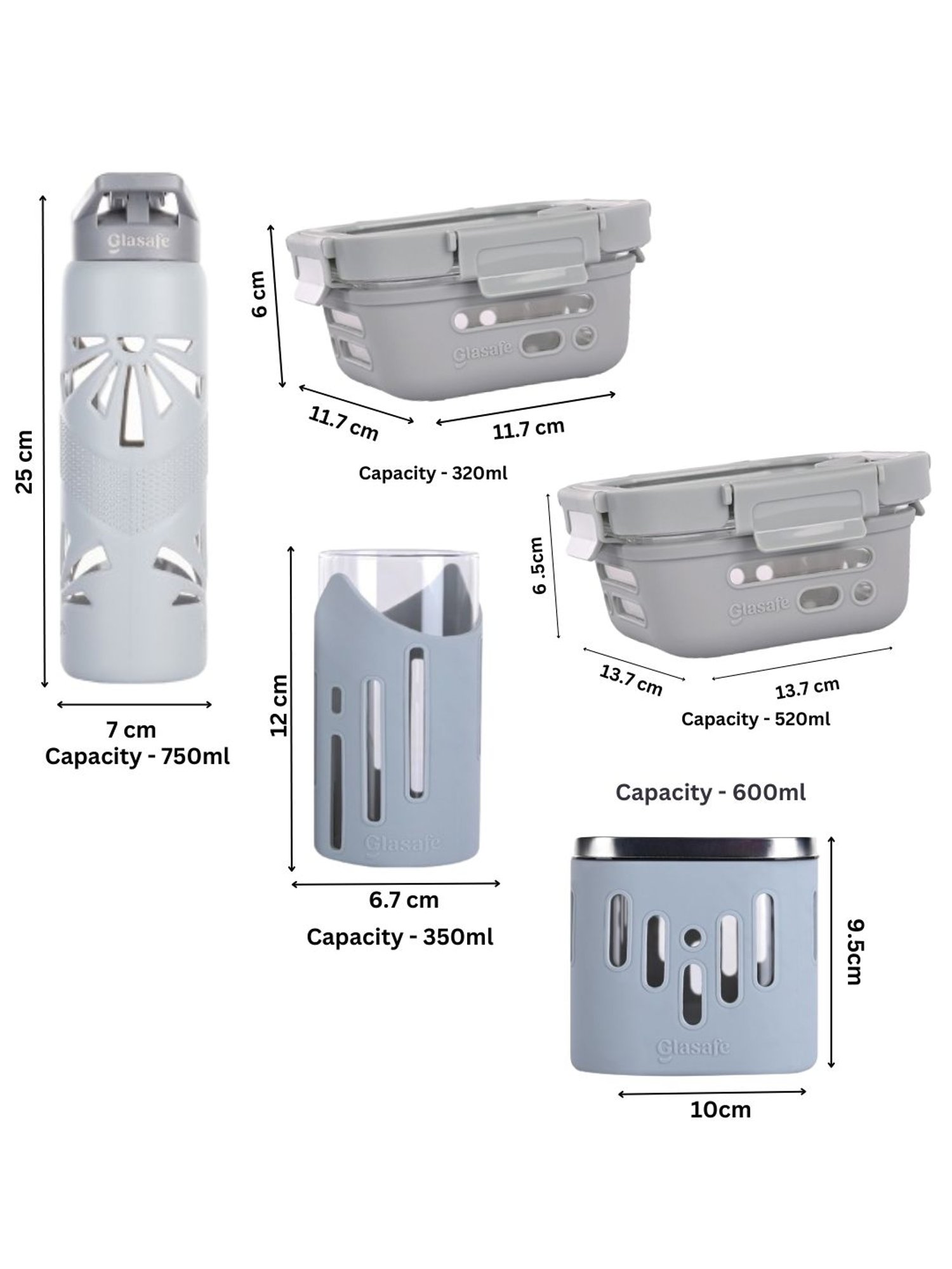 Glasafe Power Slate Grey Borosilicate Tiffin Combo