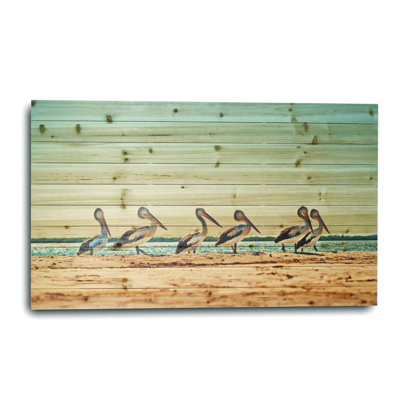 48" x 30" Walking Pelicans Print on Planked Wood Wall Sign Panel Blue - Gallery 57
