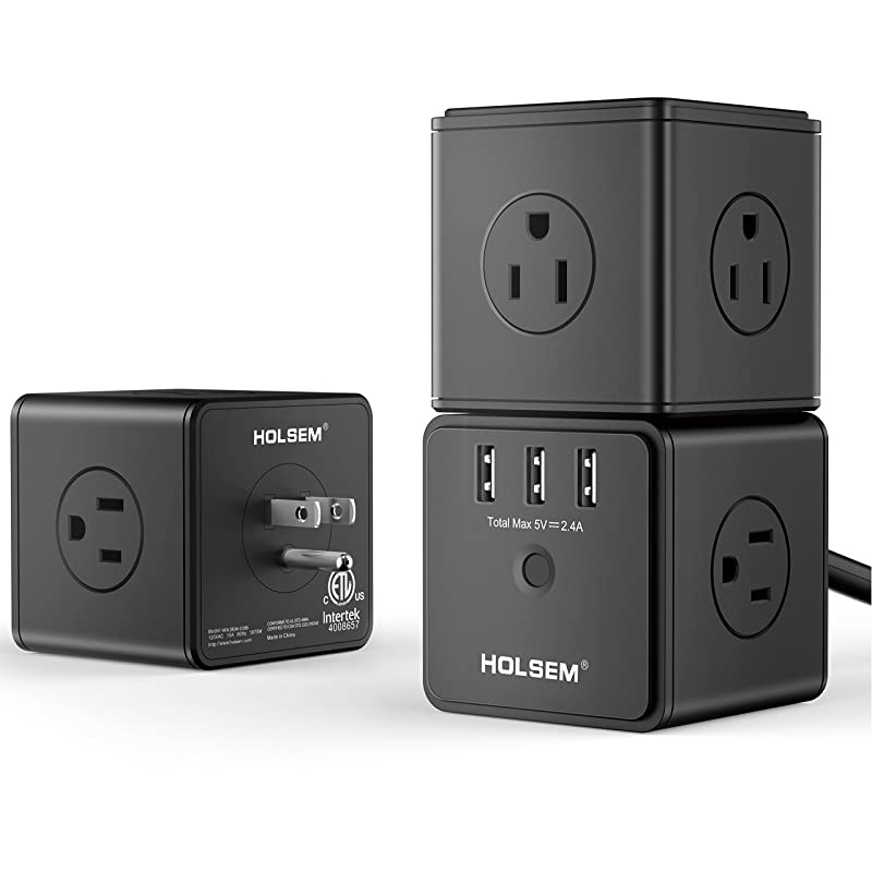 Power Cube Surge Protector 14 AC outlets 3 Smart USB Ports 5V24A and 6 Heavy Duty Extension Cord Black 3 Pack