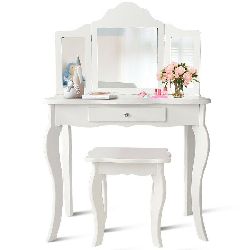 Costway Vanity Table Set Makeup Dressing Table Kids Stool Mirror