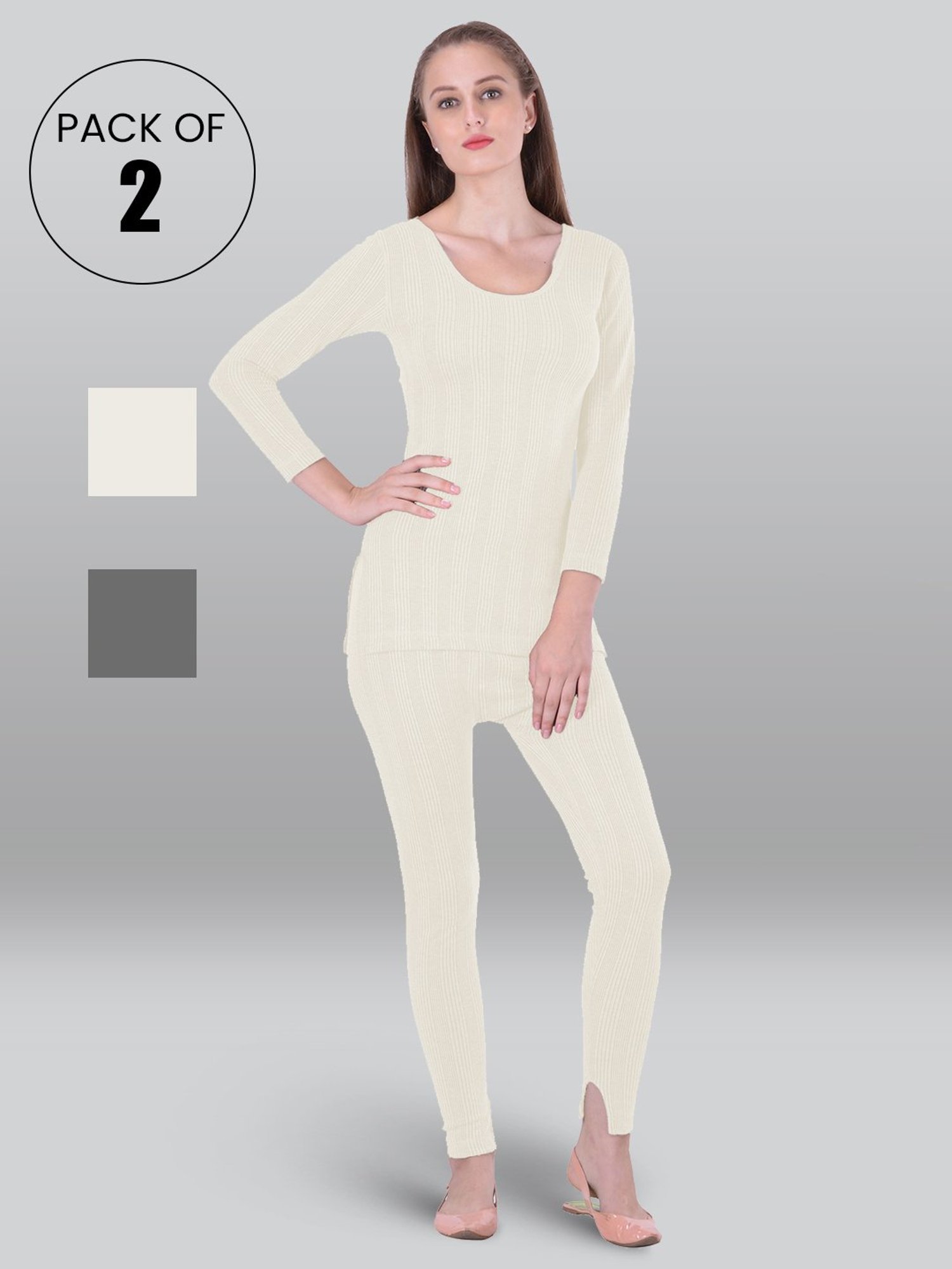 LUX Inferno Grey & Off-White Striped Thermal Top Leggings Set - Pack Of 2