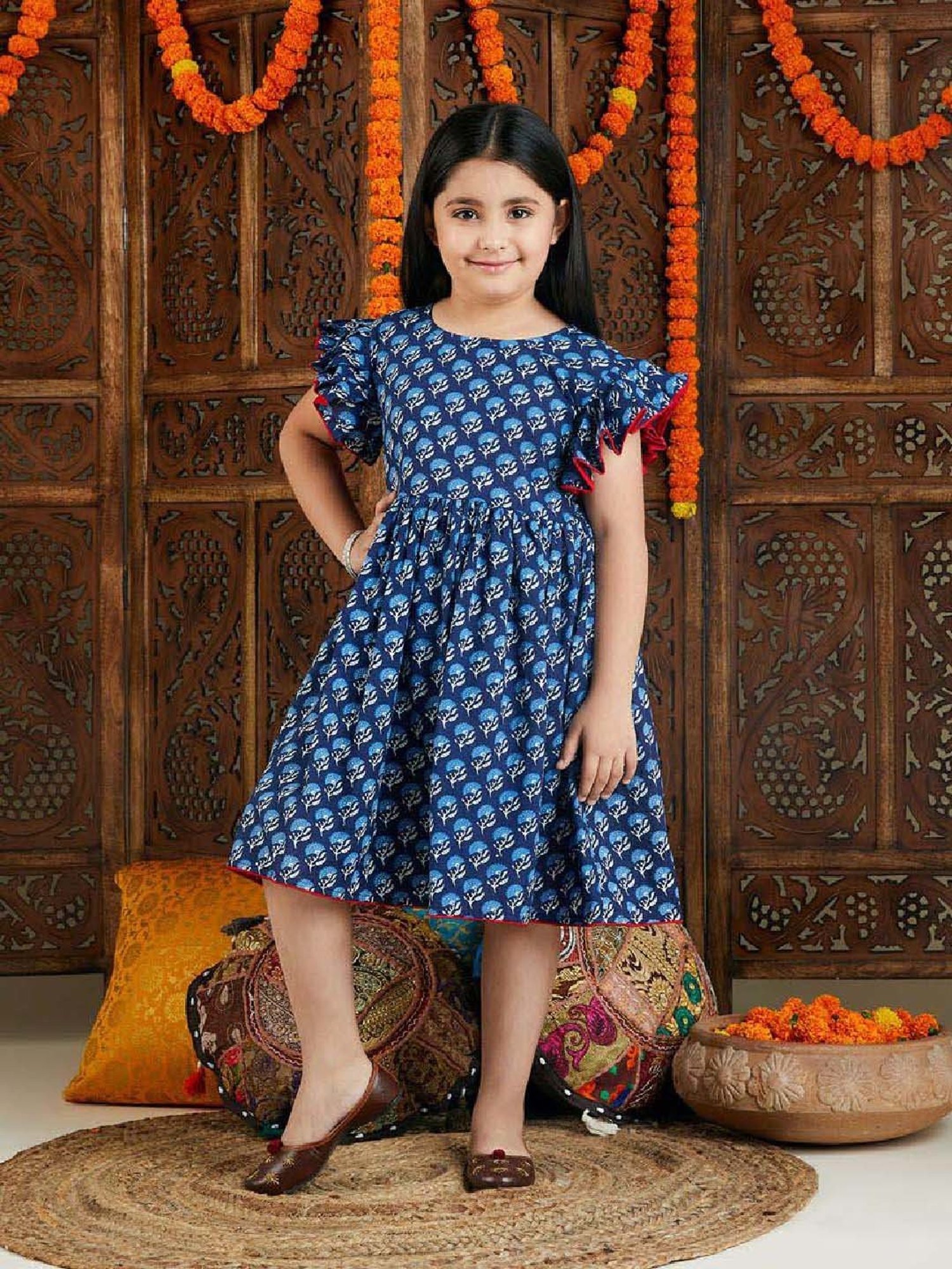 VASTRAMAY Girls Indigo Blue Cotton Floral Dresses