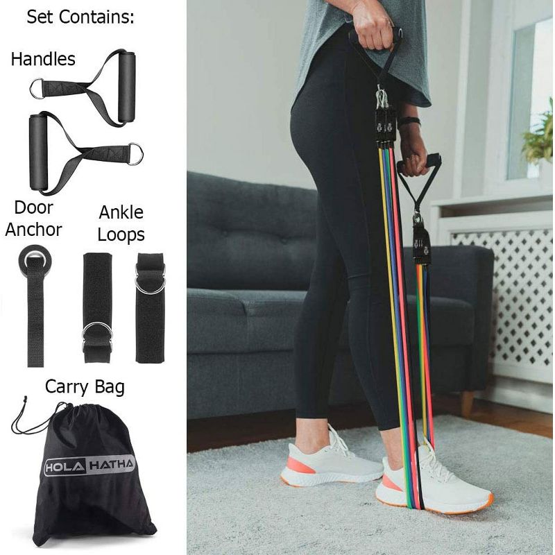 HolaHatha Resistance Band Workout Set Up to 110 Pounds Max with 5 Bands, 2 Padded Handles, 2 Ankle Straps, Door Anchors and Carry Bag