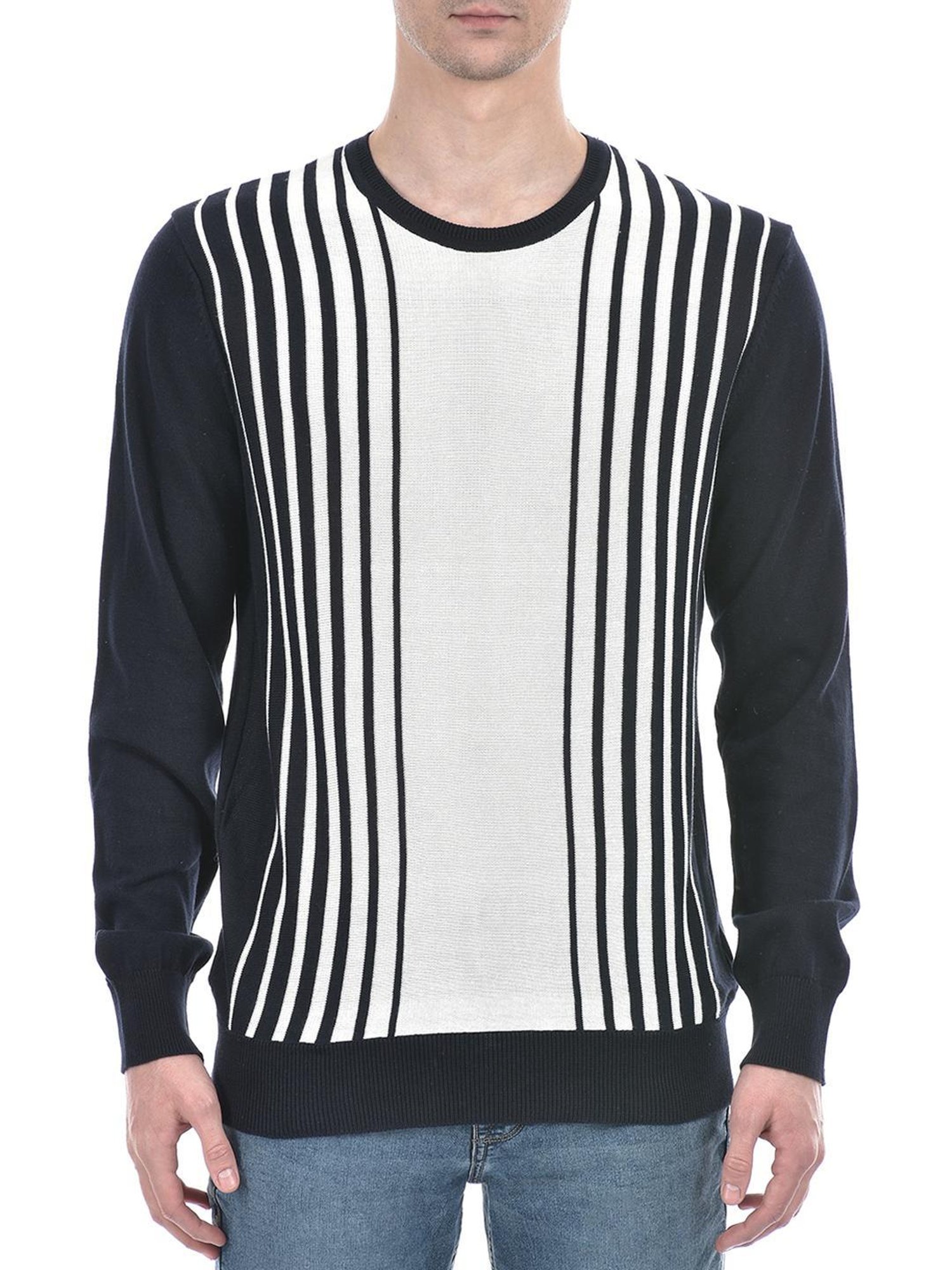 Numero Uno Navy Cotton Regular Fit Striped Sweater