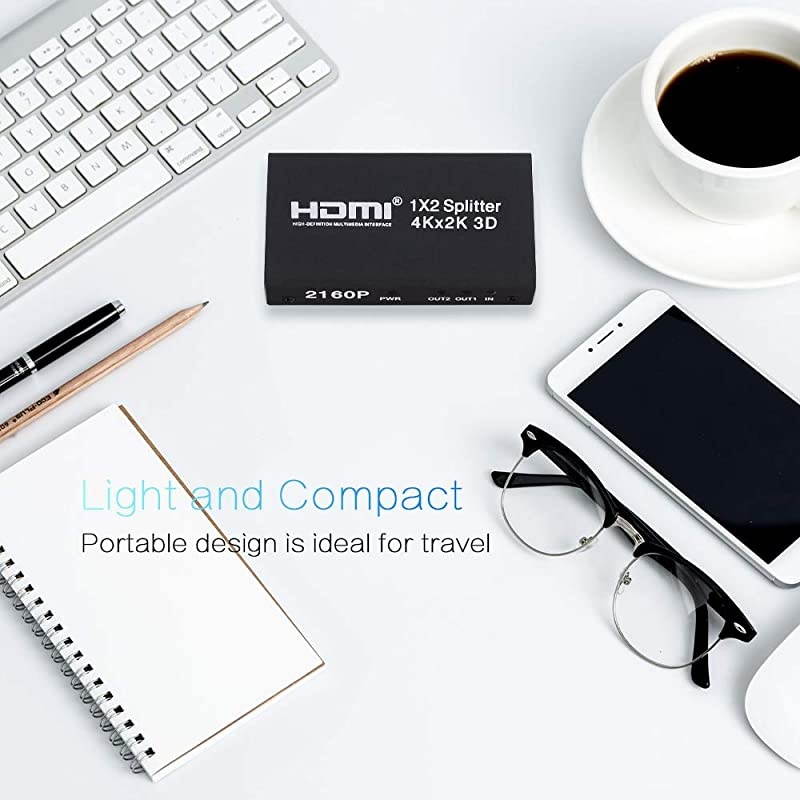 Splitter 1 in 2 Out, 1x2 Powered Splitter, V1.4 Supports Full 4K HD 1080P, 2160P & 3D Resolutions for DVD player, laptop, HDTV or other Devices to two display devices with ports.