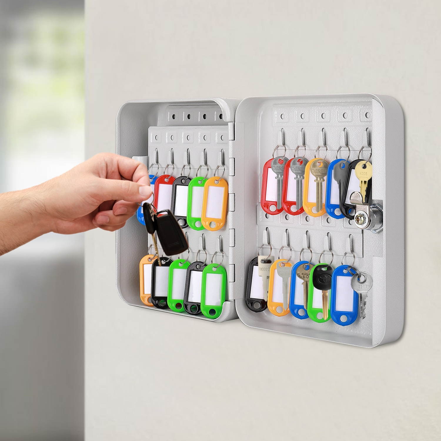 Key Cabinet Steel Lock Box with 40 capacity Colored key Tags & Hooks - Wall Mounted Safe Organizer, Security Storage Lock Box System for Homes, Hotels, Schools or Business (Gray)