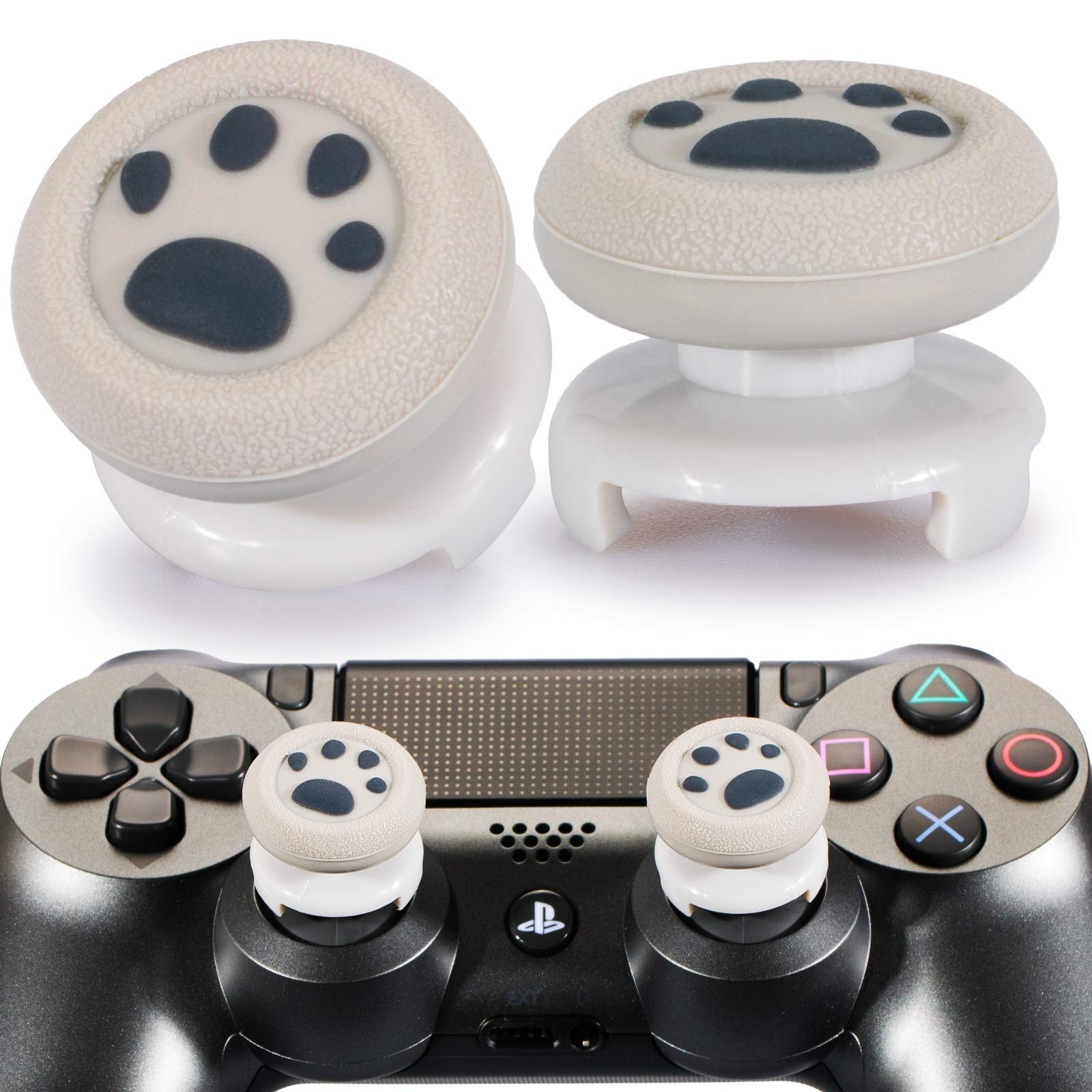 FPS Thumbstick Extender & 3D Texture Rubber Silicone Grip Cover 2 Sets for PS5 Dualsenese & PS4 Controller (Cat Paw Grey)