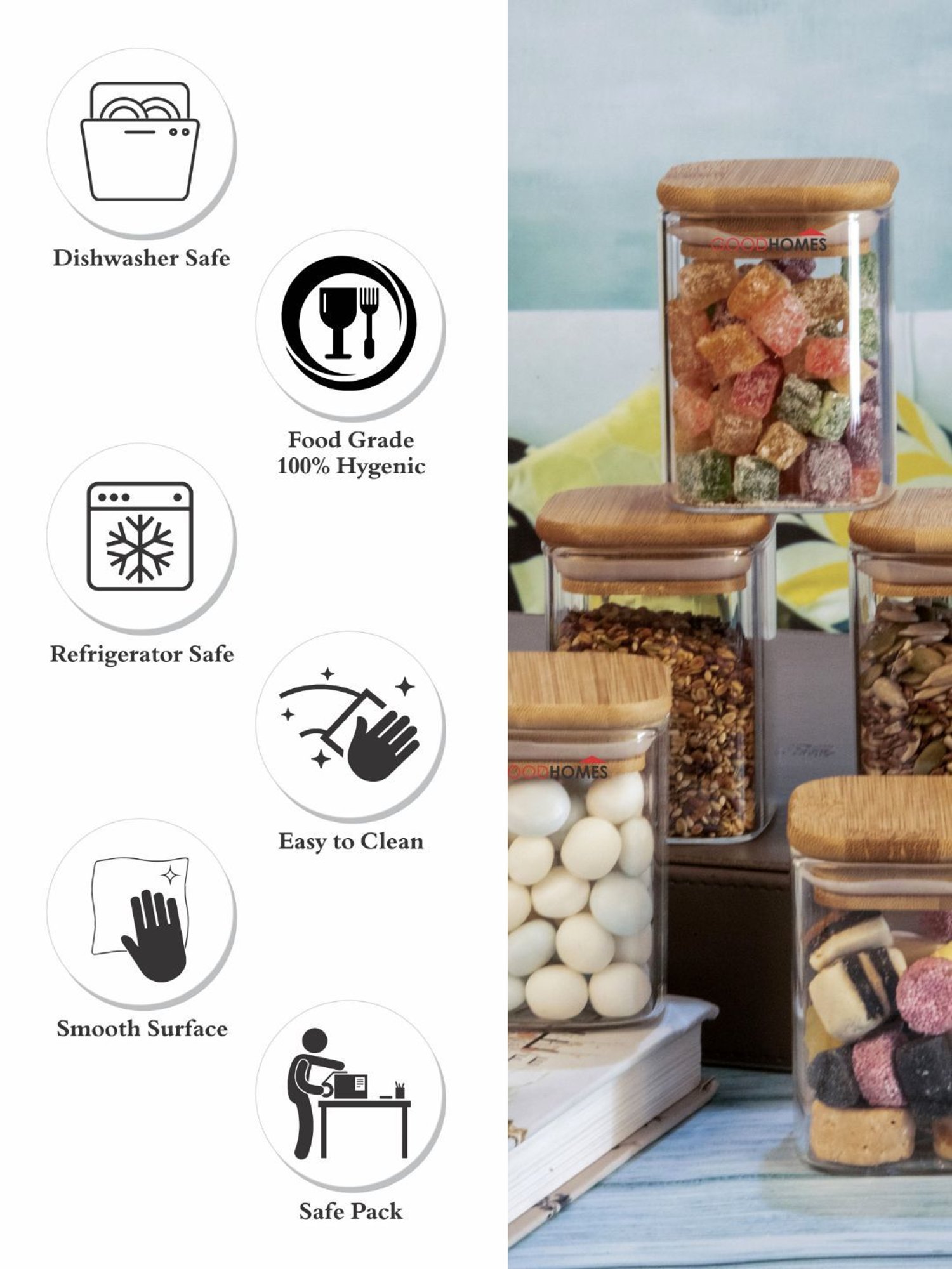 Goodhomes Transparent Glass Storage Jar with Glass Lid - Set of 6 (240ml)