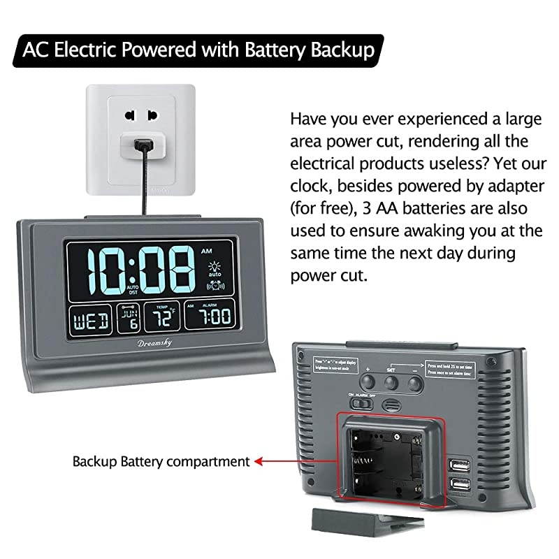 Auto Set Digital Alarm Clock with USB Charging Port 66 Inches Large Screen with TimeDateTemperature Display Full Range Brightness Dimmer Auto DST Setting Snooze Gray