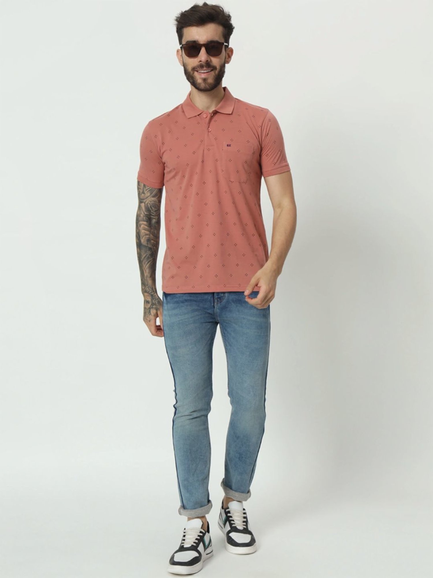 Tab91 Pink Regular Fit Printed Polo T-Shirts