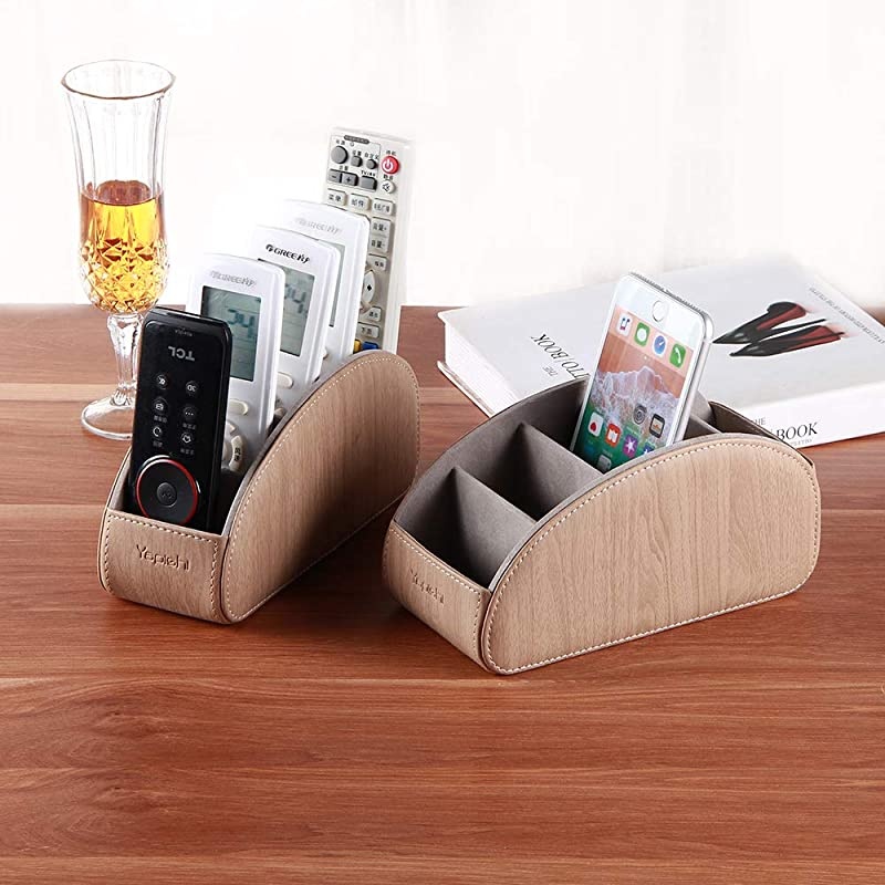Leather TV Remote Control Holder With 5 Compartments Nightstand Desktop DVD Media Player Remote Caddy Storage Box Organizer Tray For Makeup Brush Pen Stationary Table Controllers