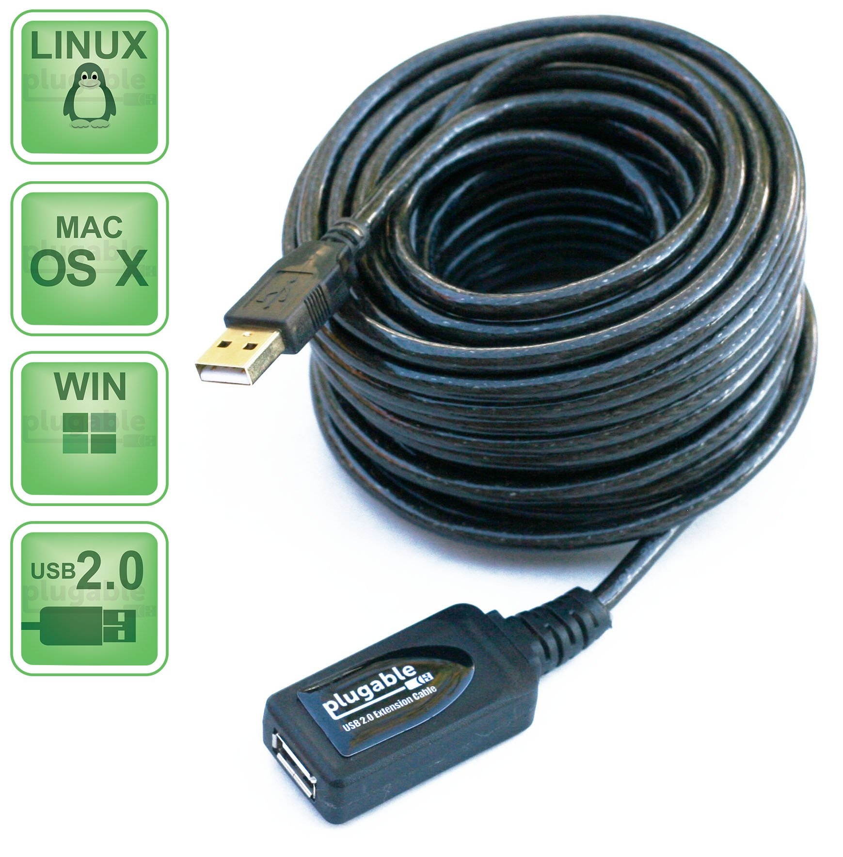 Plugable 5 Meter (16 Foot) USB 2.0 Active Extension Cable Type A Male to A Female