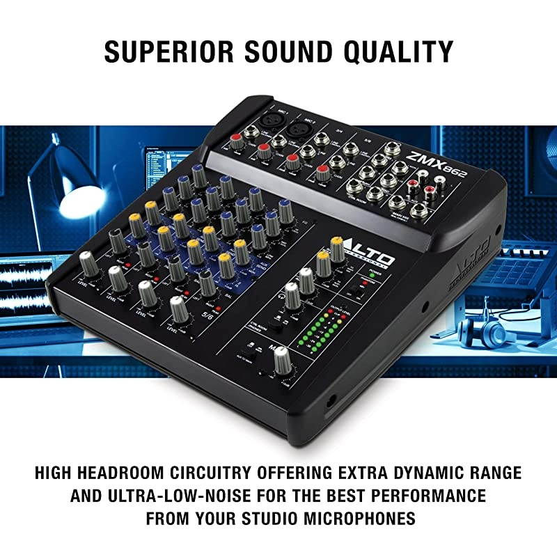 ZMX862 | Studio Quality 6 Channel Compact Audio Mixing Desk with Two XLR Microphone Inputs, Two Stereo Inputs and Two Aux Outputs