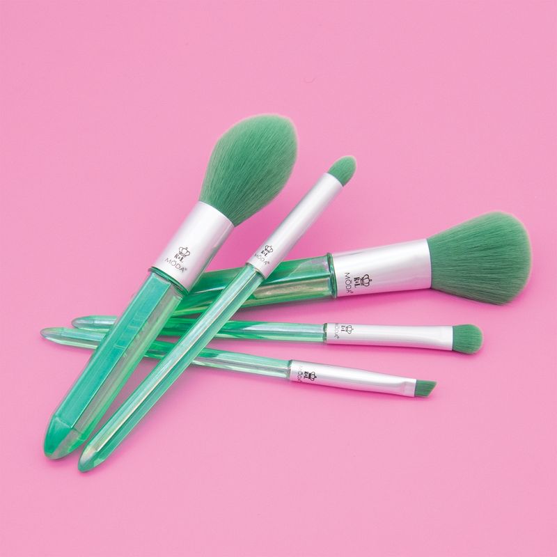 MODA Brush Mythical 5pc Energizing Emerald Crystal Makeup Brush Set, Includes - Powder, Radiance, Shadow, and Angle Eyeliner Brushes
