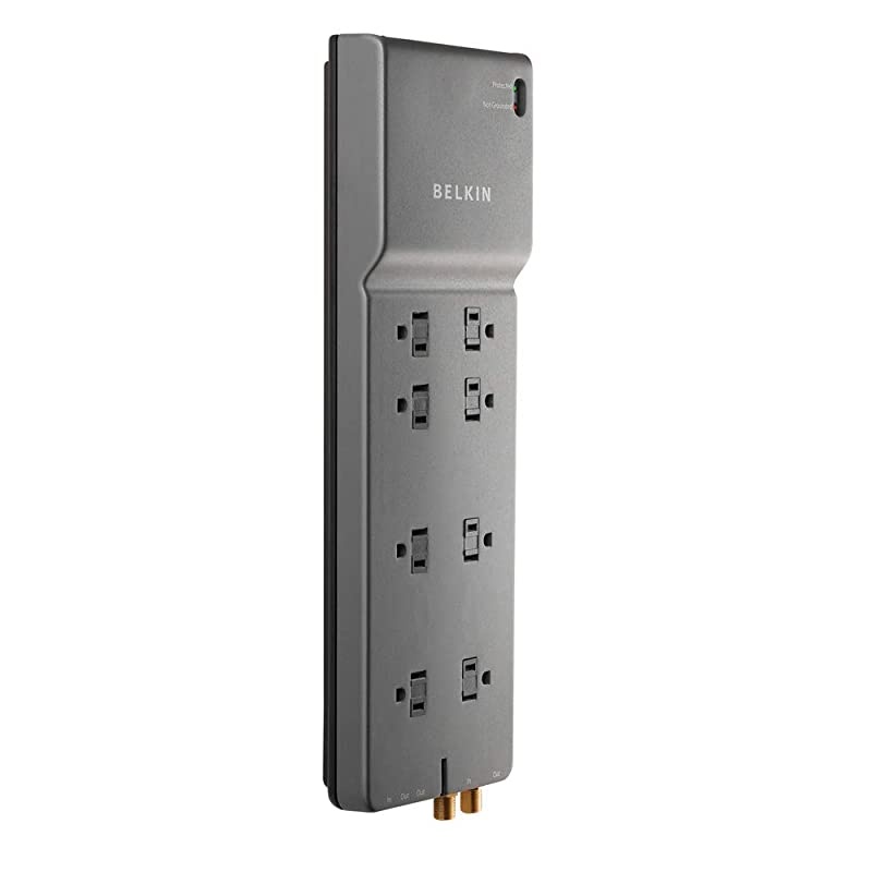BE10823006 8Outlet Power Strip Surge Protector wFlat Plug 6ft Cord 3550 JoulesBlack 12Outlet Power Strip Surge Protector w 8ft Cord 3940 Joules Gray