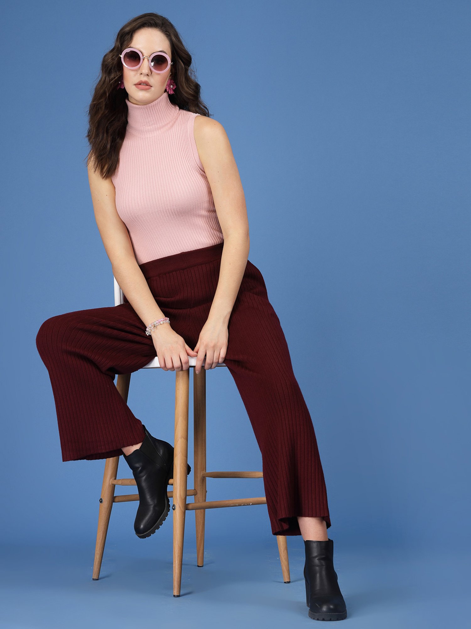 Mafadeny Maroon Regular Fit Mid Rise Palazzos