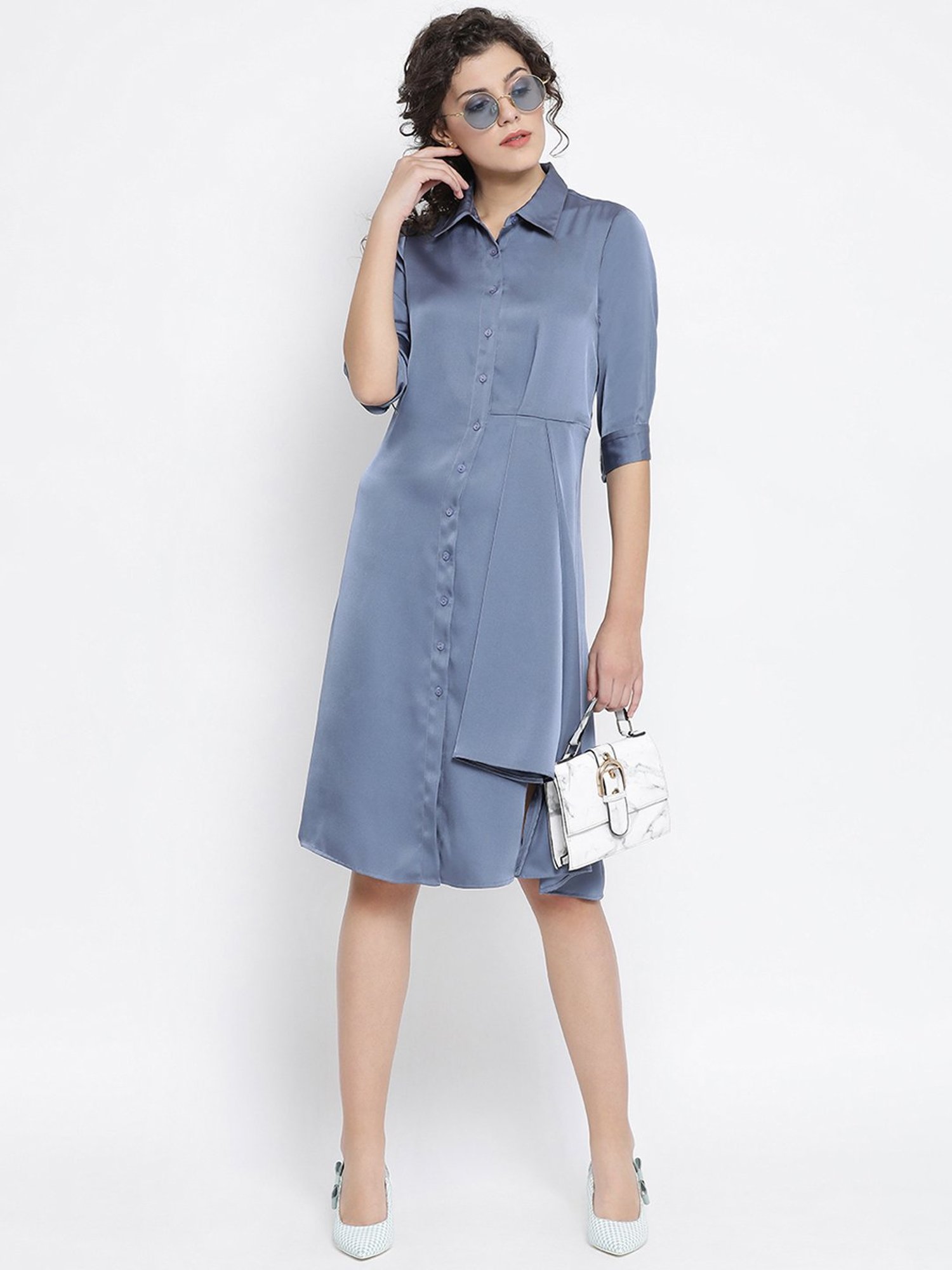 Office & You Blue Dress With Grey Flower Bunch Brooch