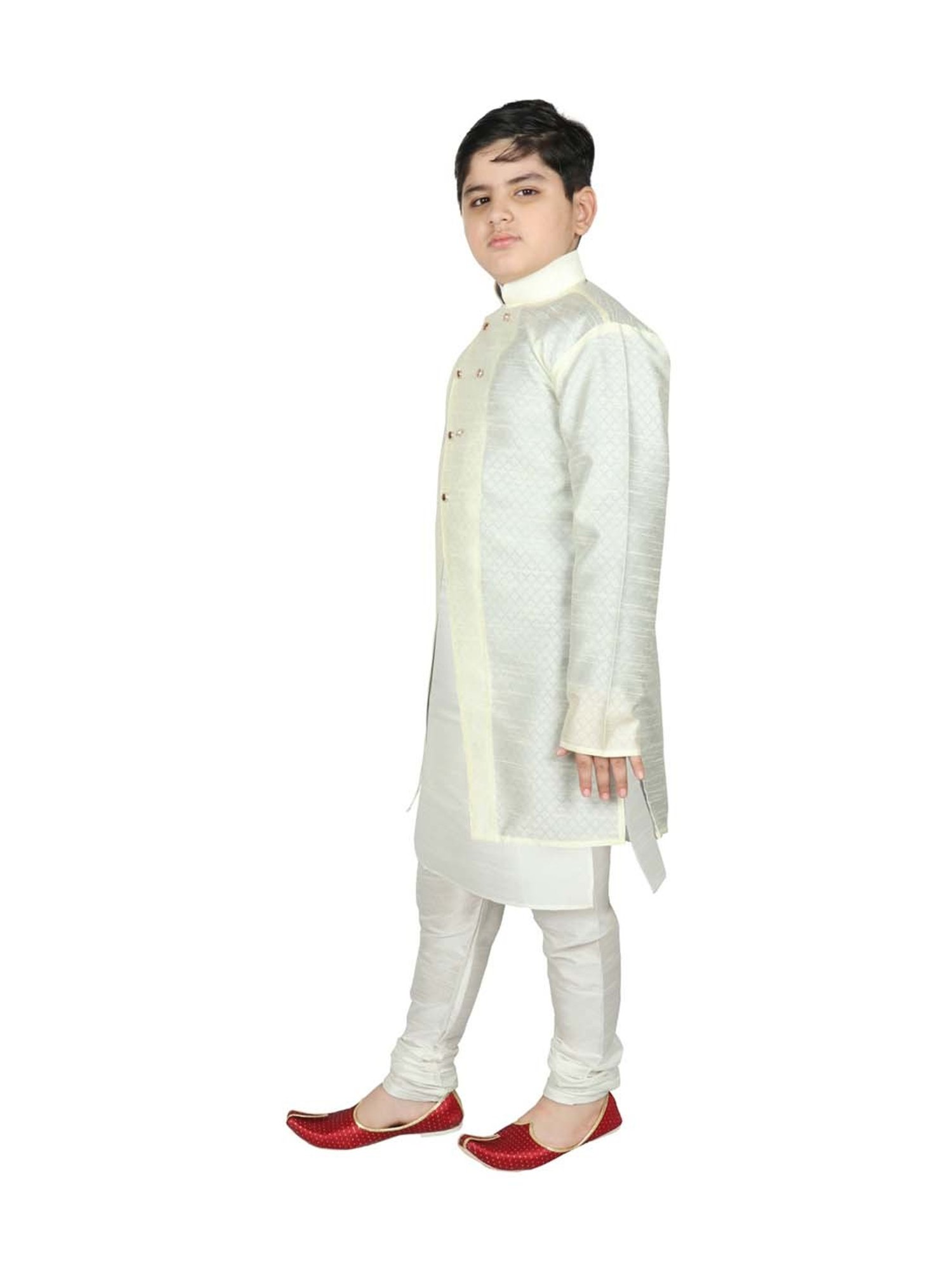 SG Yuvraj Kids Cream & White Textured Pattern Full Sleeves Kurta Set