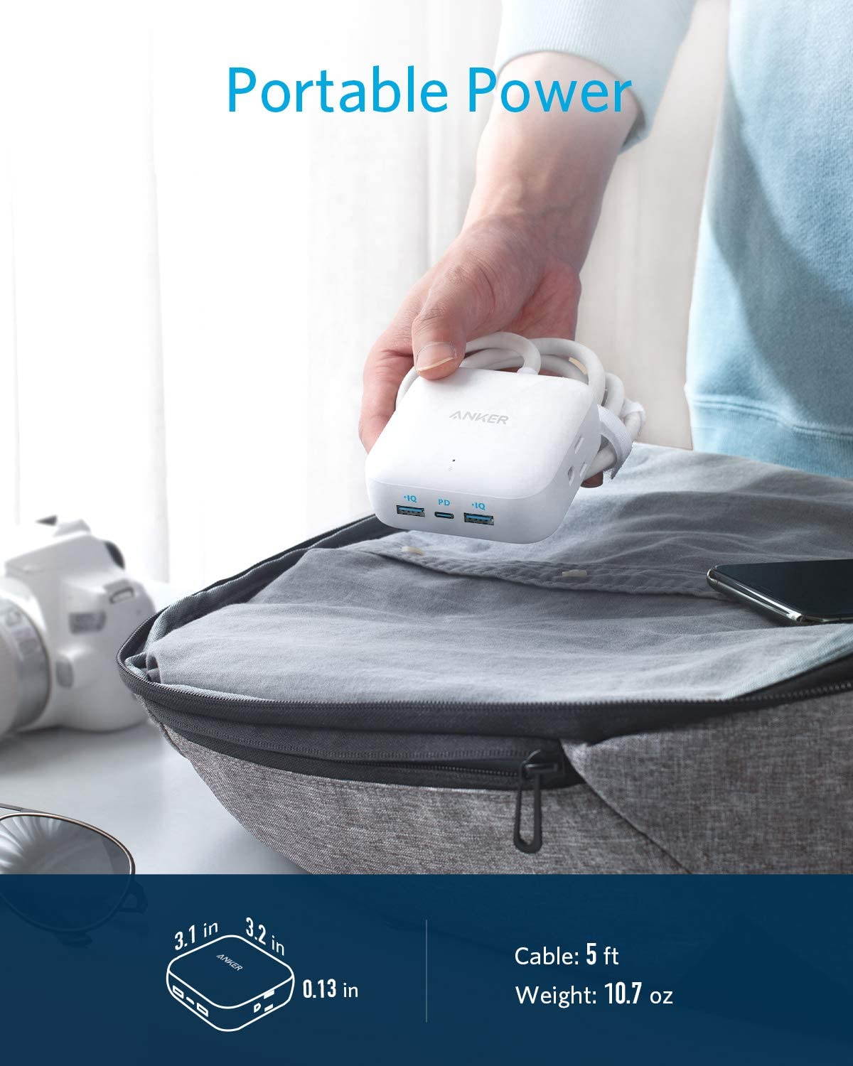 Anker Power Strip with USB C, Power Delivery Travel Power Strip, 30W PowerPort Strip PD 2 Mini with 2 Outlets & 3 USB (18W USB C), 5 ft Cord, Flat Plug, for Hotel, Dorm Room, and Home (White_Cable)