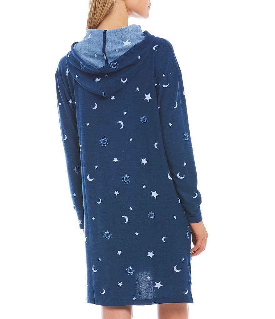 Jasmine & Ginger Celestial Print Brushed Knit Long Sleeve Hoodie Sleepshirt