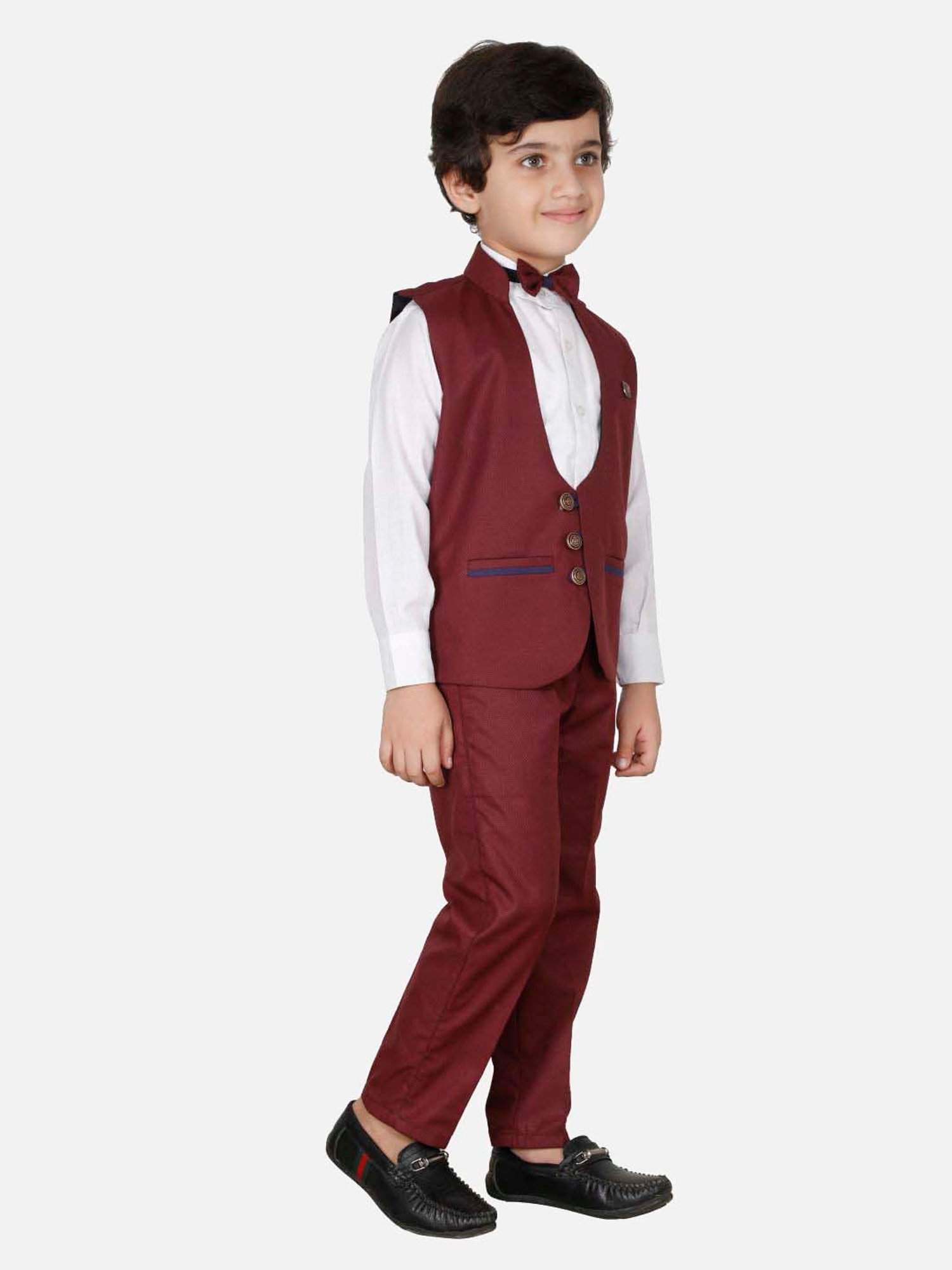 Fourfolds Boys Maroon & White Solid Full Sleeves Clothing Set