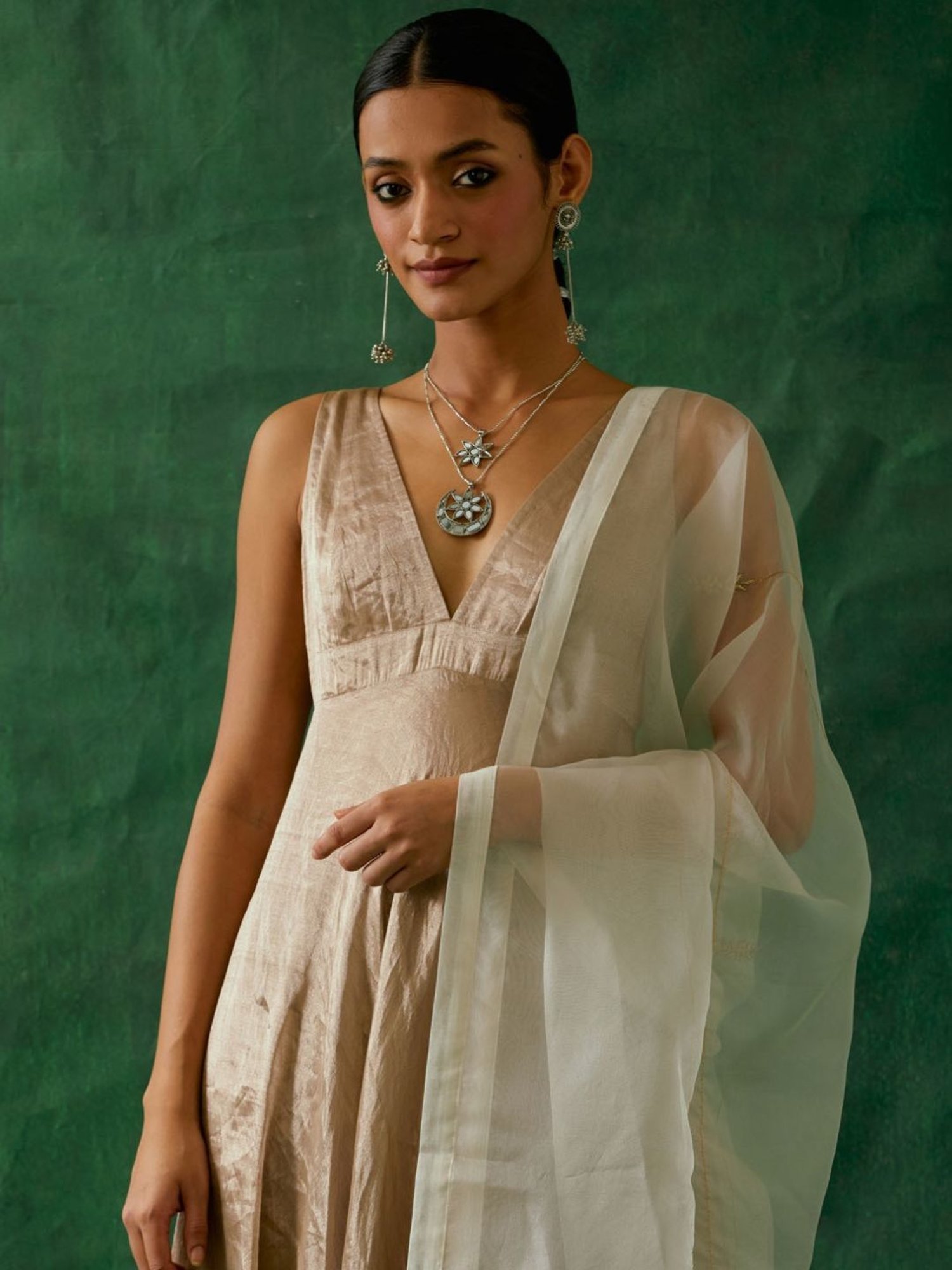 Vinusto Anarkali Kurta in Beige Gold Zari Silk, Cotton Churidaar with Embroidered Katan Dupatta