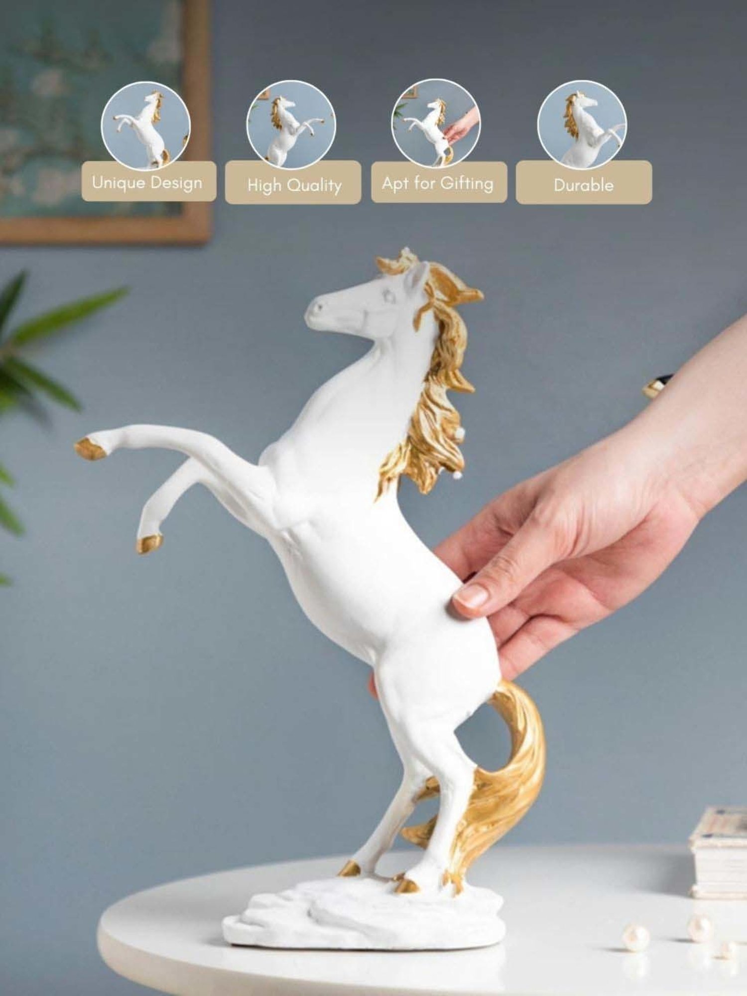 Nestasia Durable White Resin Made Horse Sculpture With A Metallic Gold Mane I Perfect For Gifting
