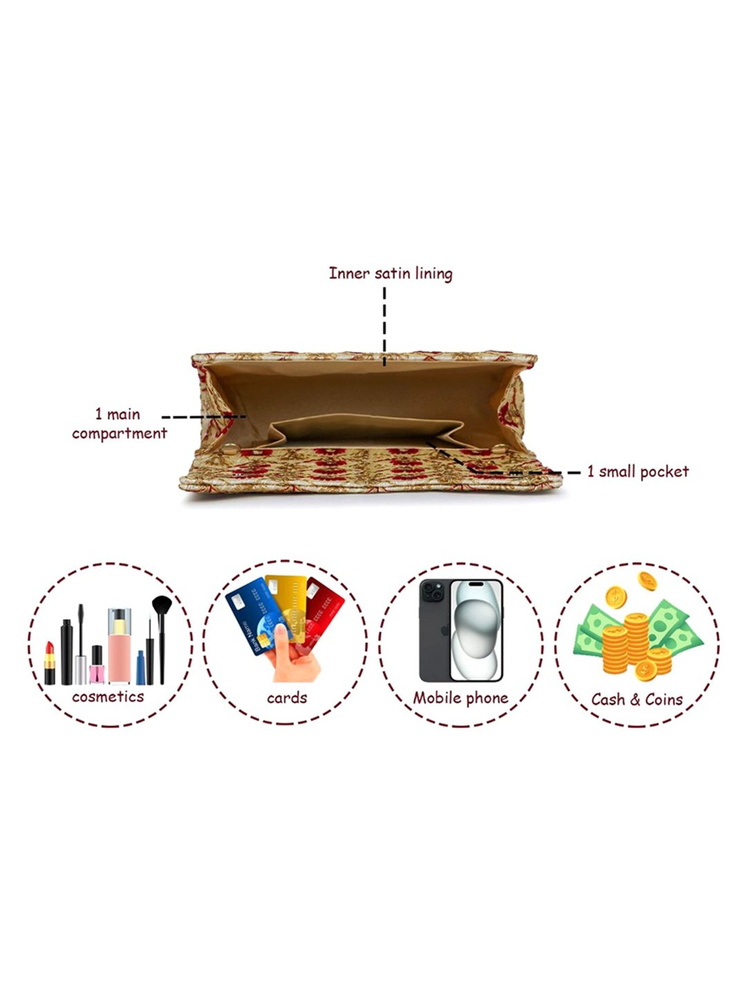 Spice Art Maroon Gold Embroidered Medium Clutch